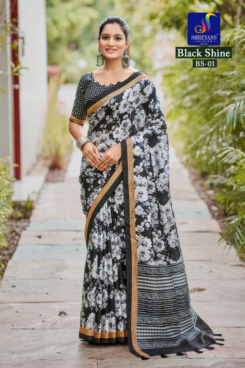 Black Shine Linen Printed Saree Collection