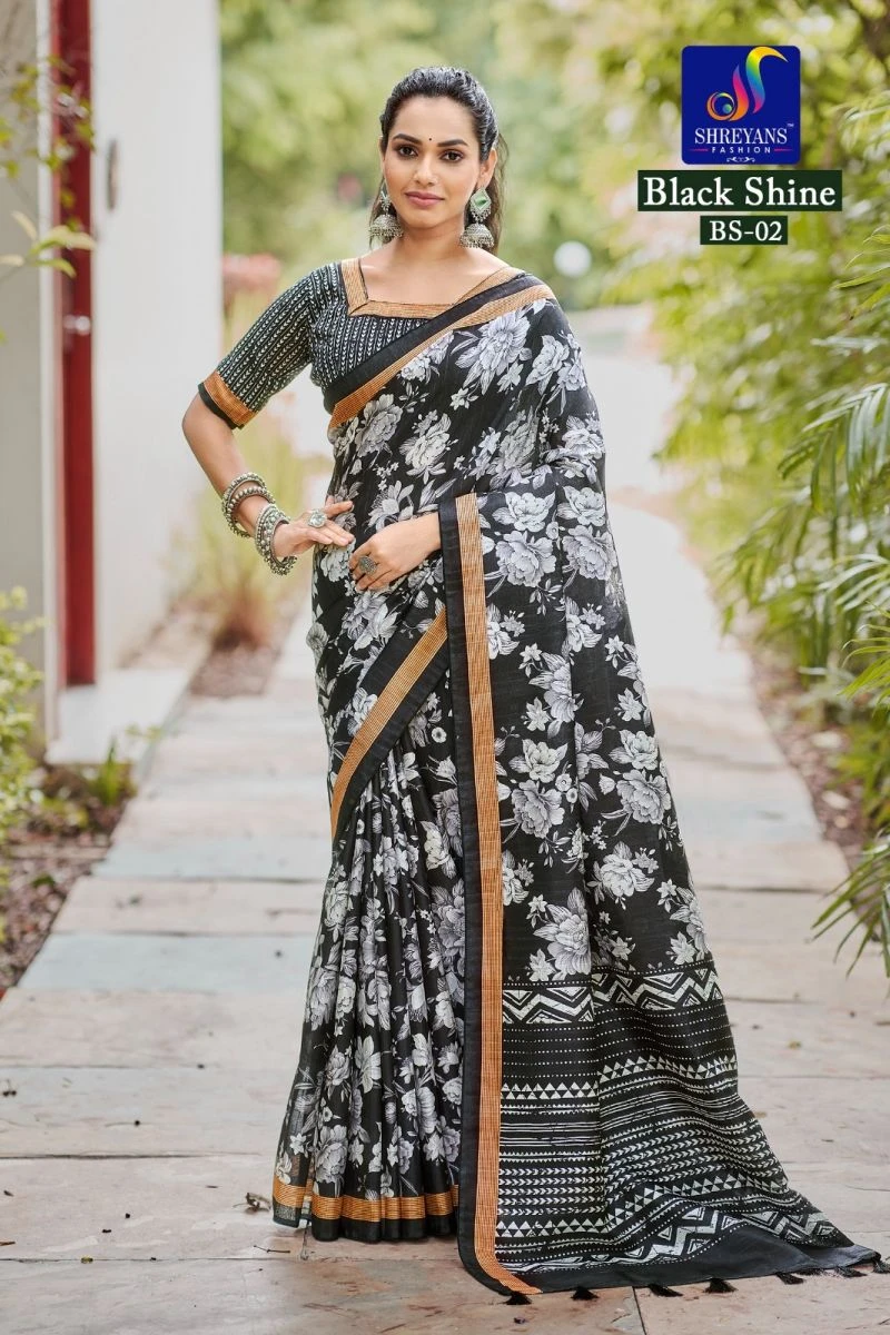 Black Shine Linen Printed Saree Collection