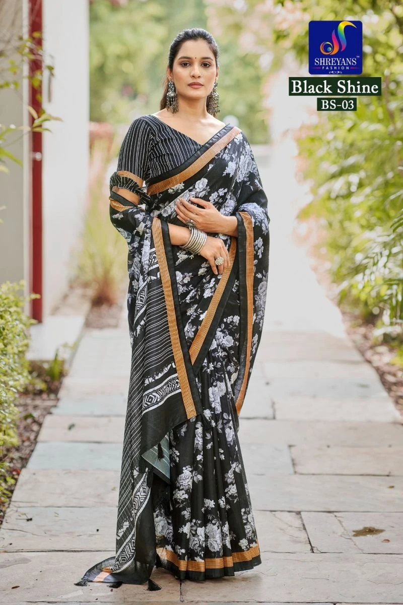 Black Shine Linen Printed Saree Collection