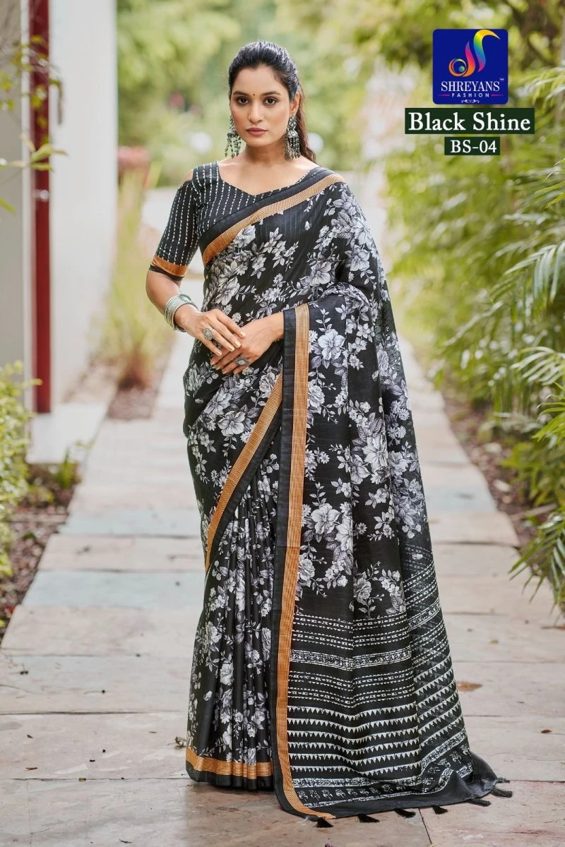 Black Shine Linen Printed Saree Collection