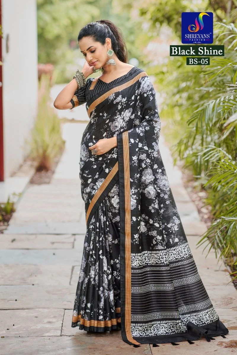 Black Shine Linen Printed Saree Collection