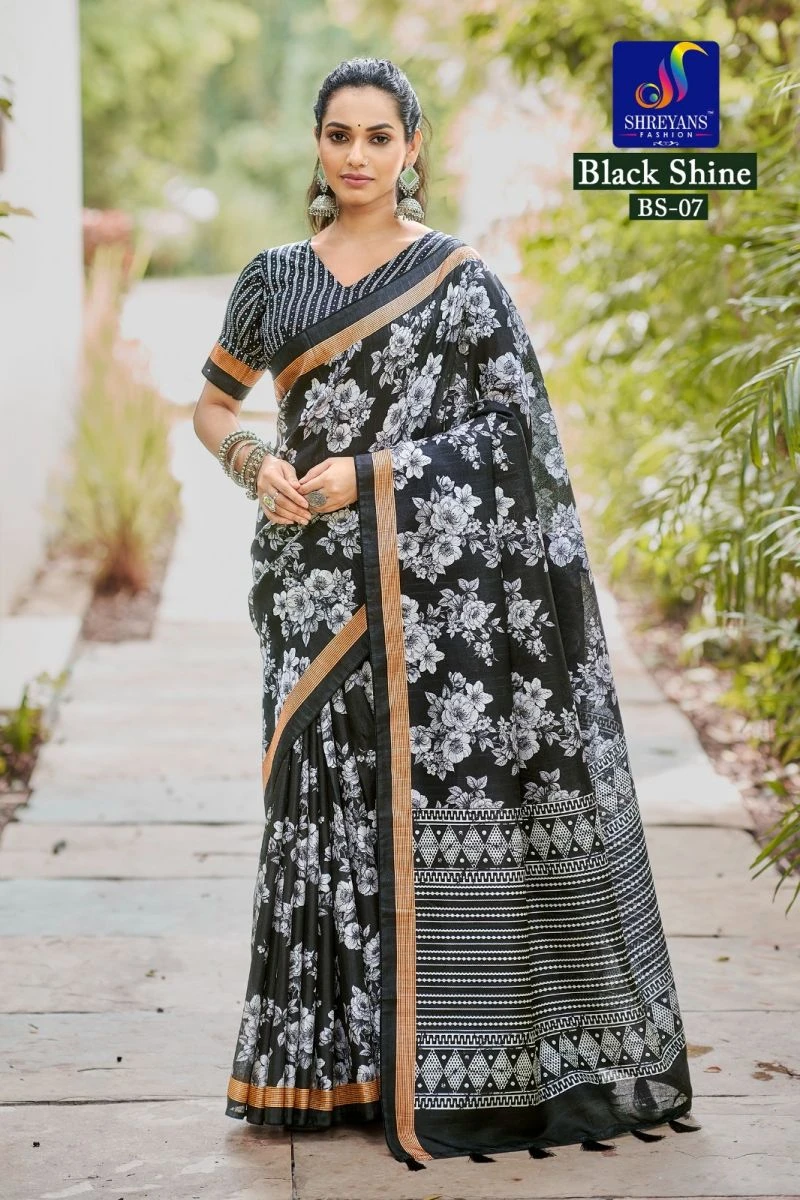 Black Shine Linen Printed Saree Collection