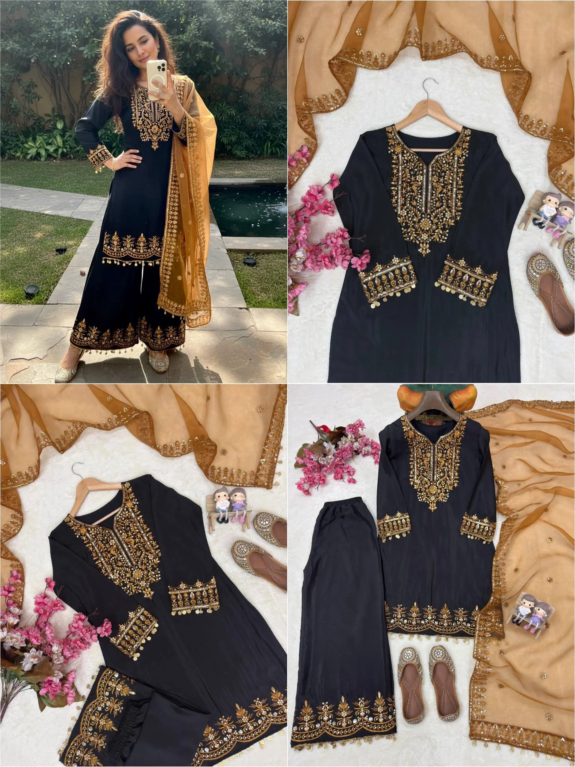 Chinon Silk 5mm Sequence Zari Embroidery Kurti Palazzo Set