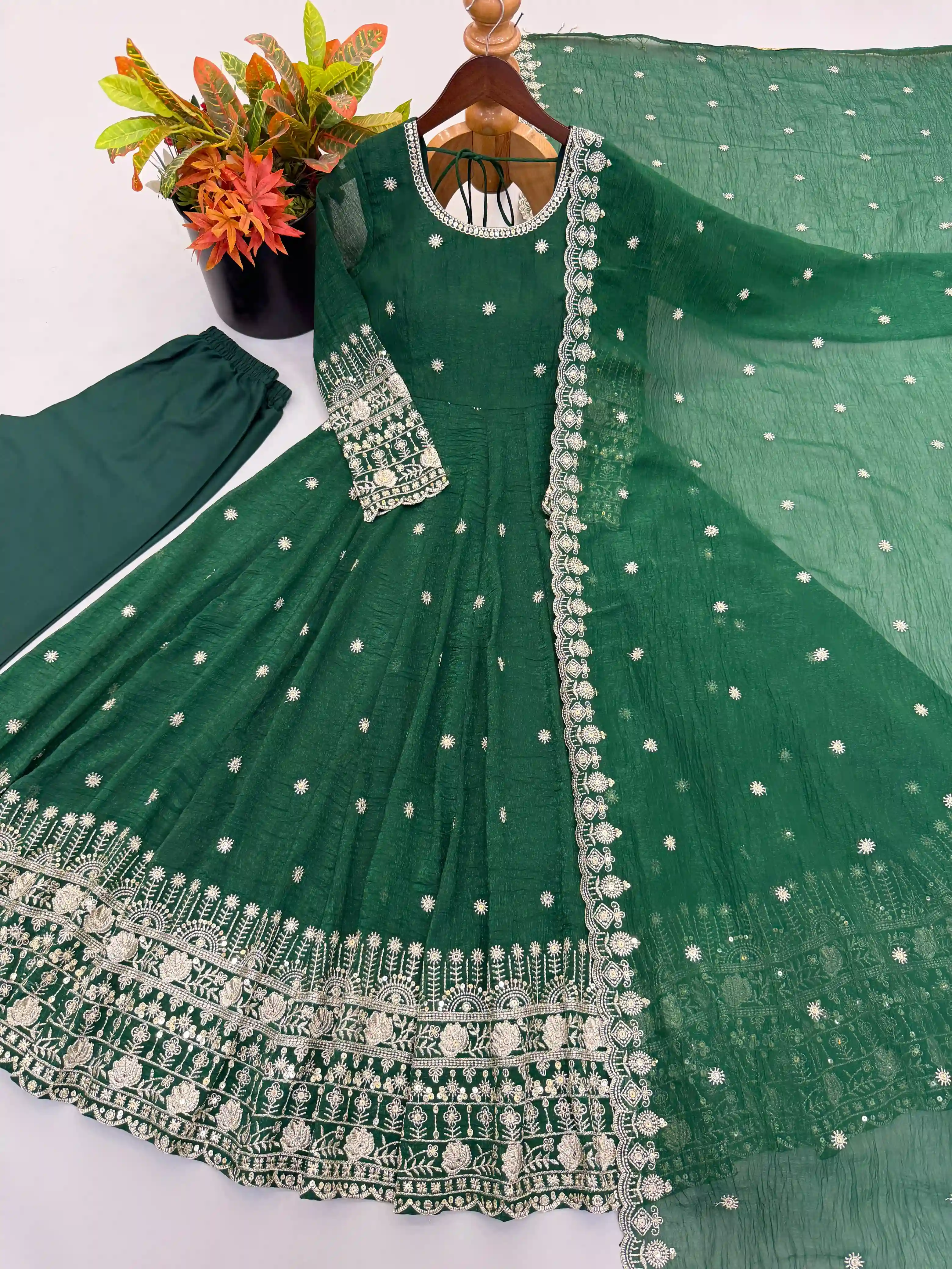 Designer Crunchy Silk Gown Pant & Dupatta Set