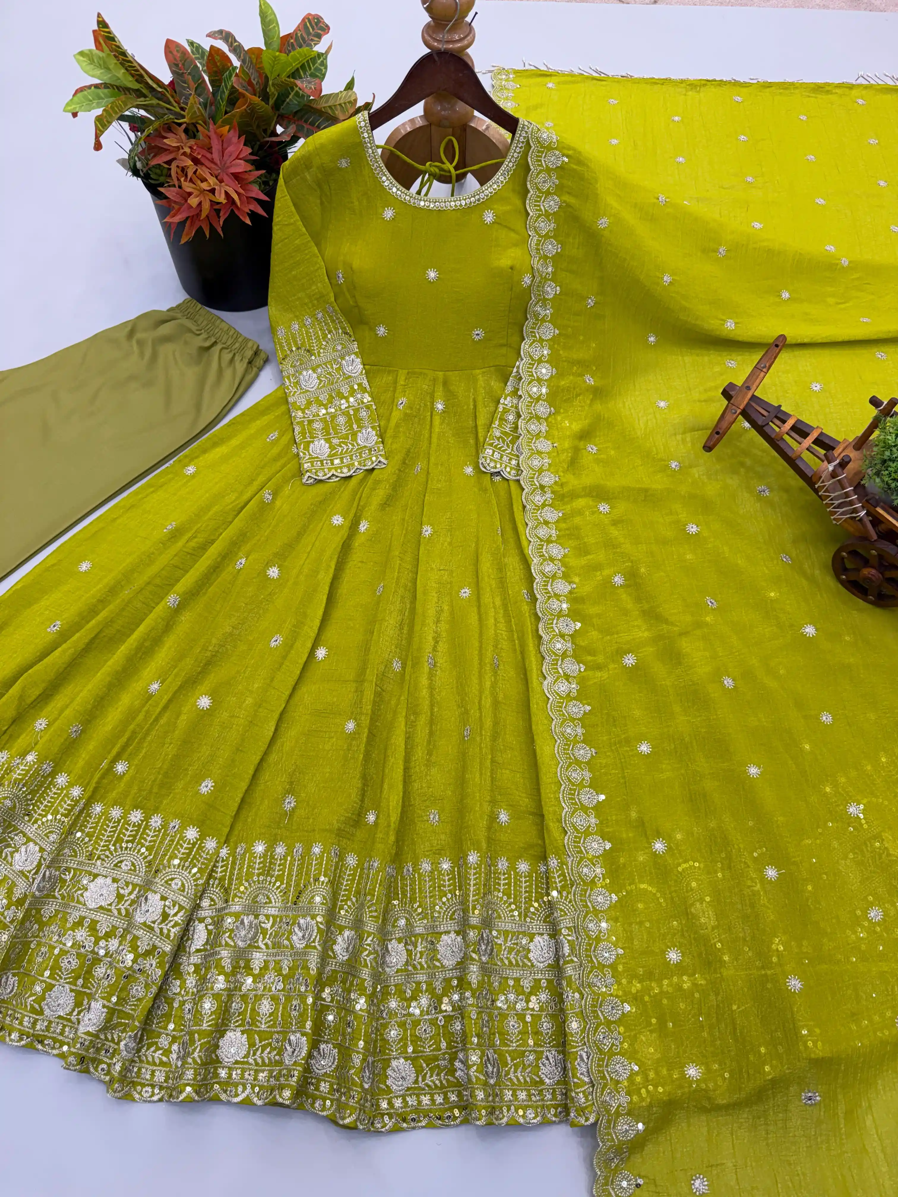 Designer Crunchy Silk Gown Pant & Dupatta Set