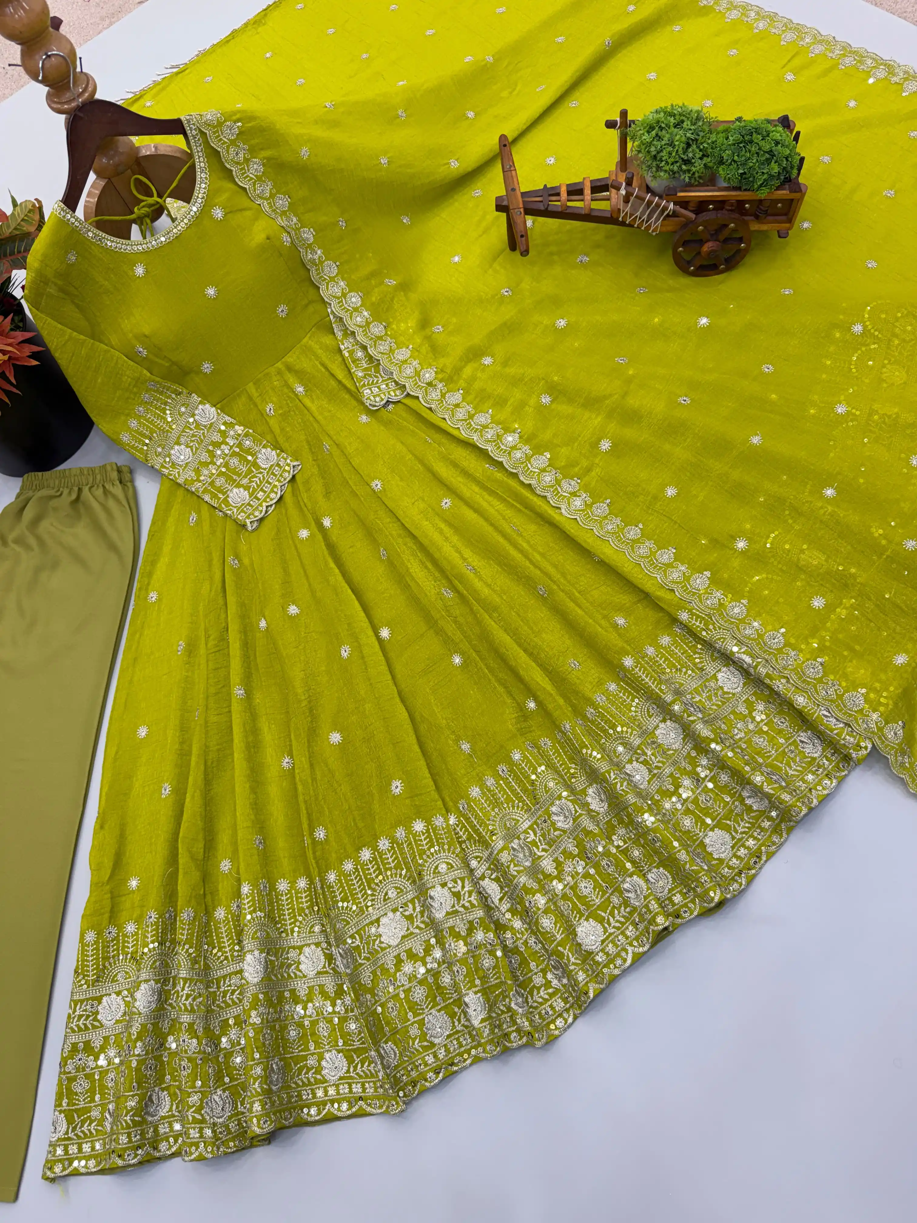 Designer Crunchy Silk Gown Pant & Dupatta Set