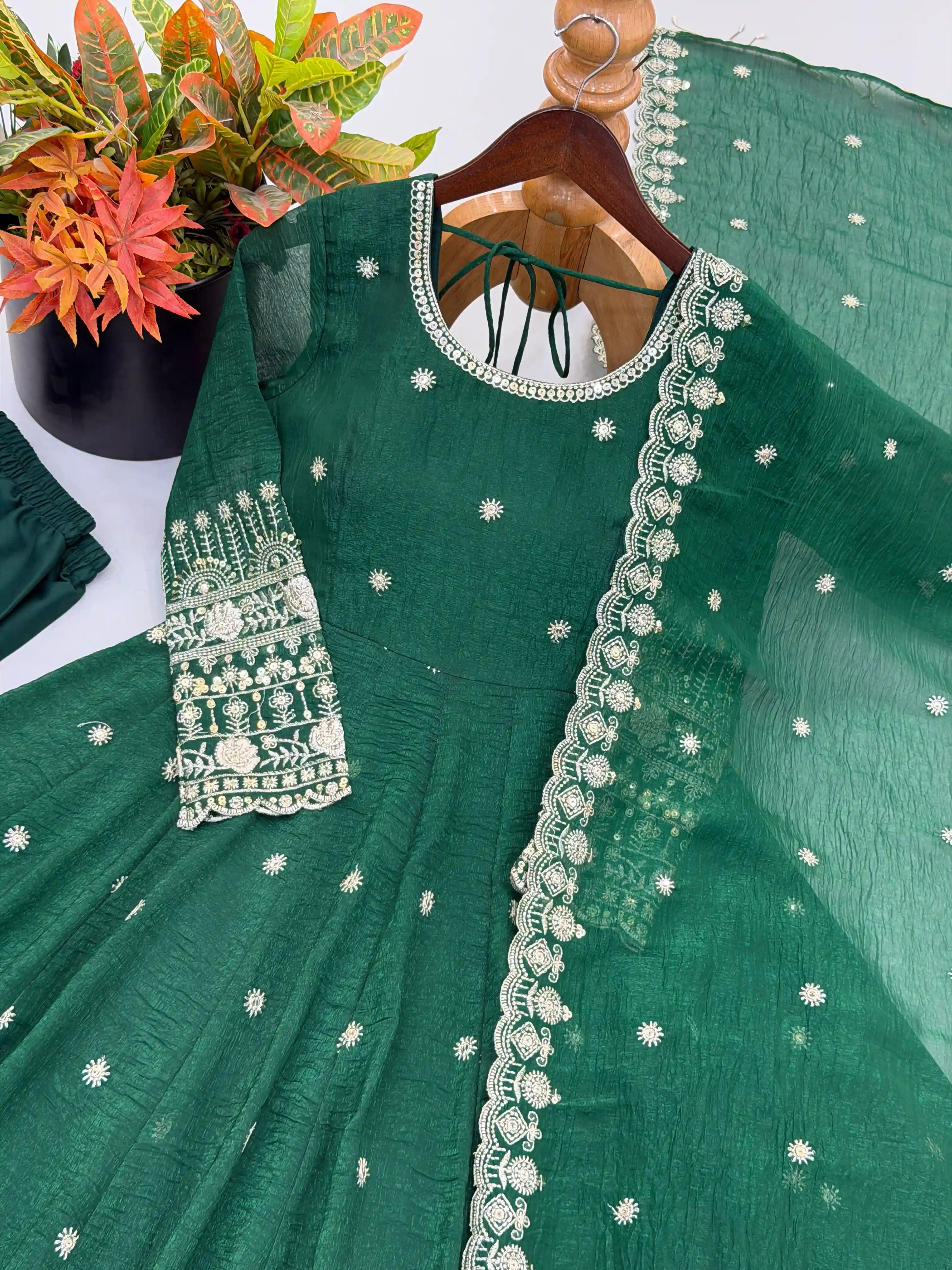 Designer Crunchy Silk Gown Pant & Dupatta Set