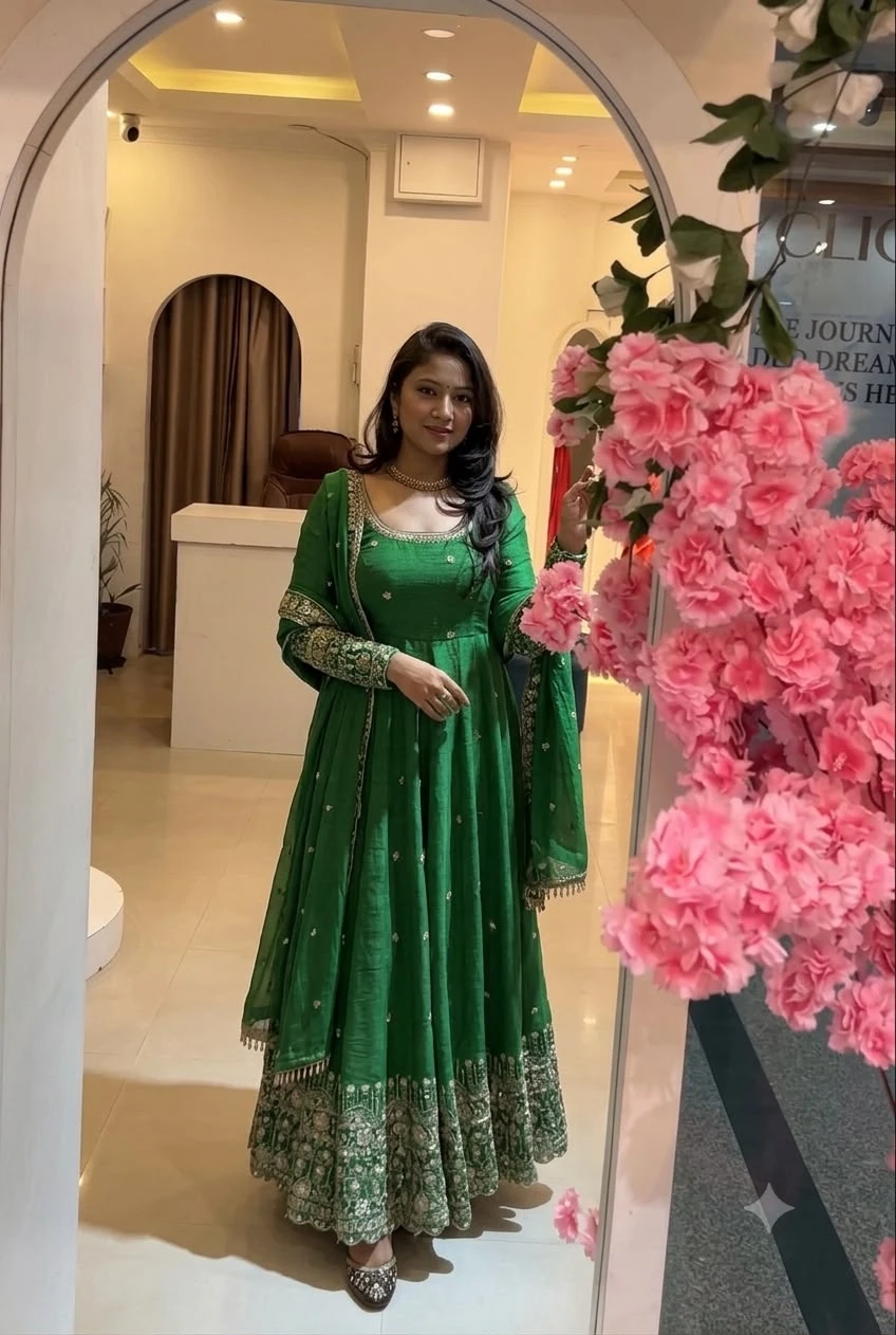 Designer Crunchy Silk Gown Pant & Dupatta Set