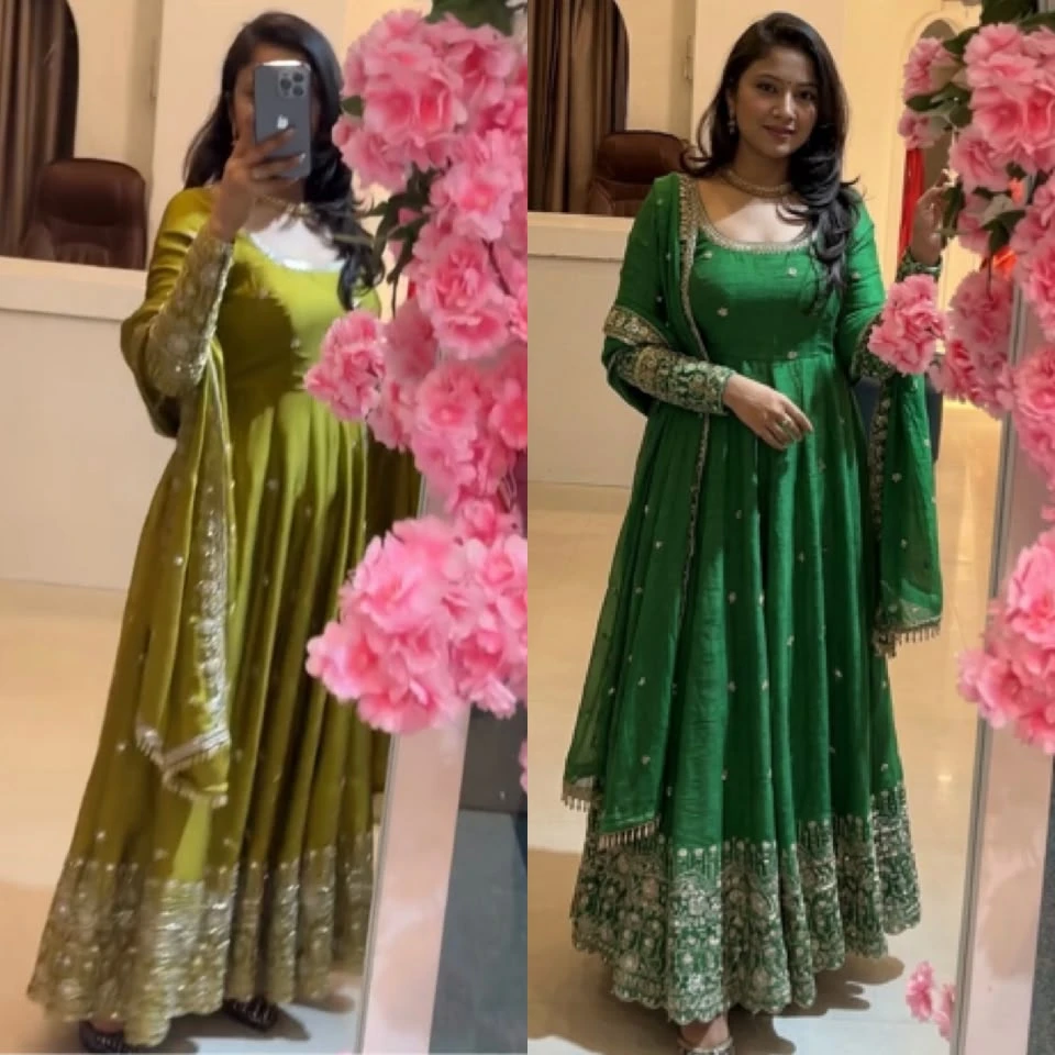 Designer Crunchy Silk Gown Pant & Dupatta Set