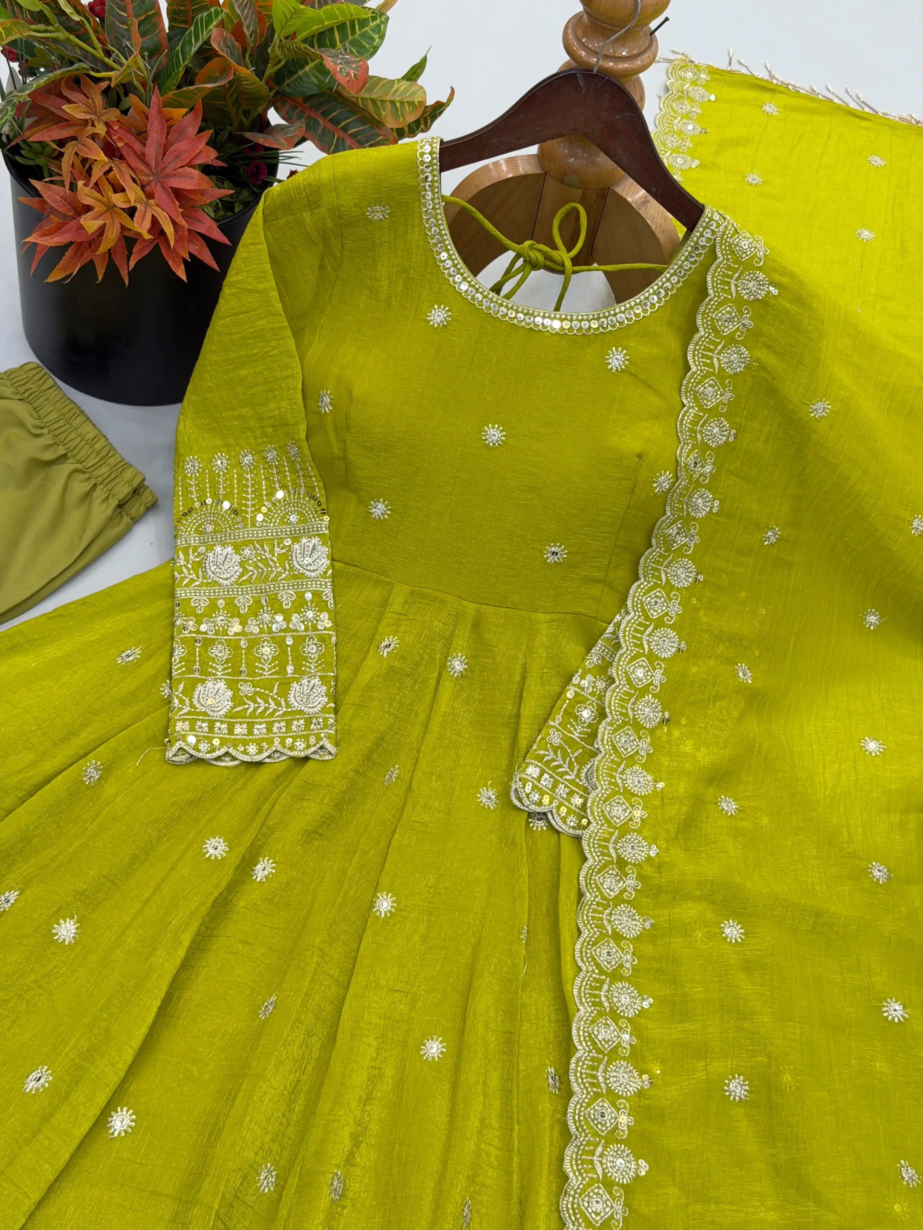 Designer Crunchy Silk Gown Pant & Dupatta Set