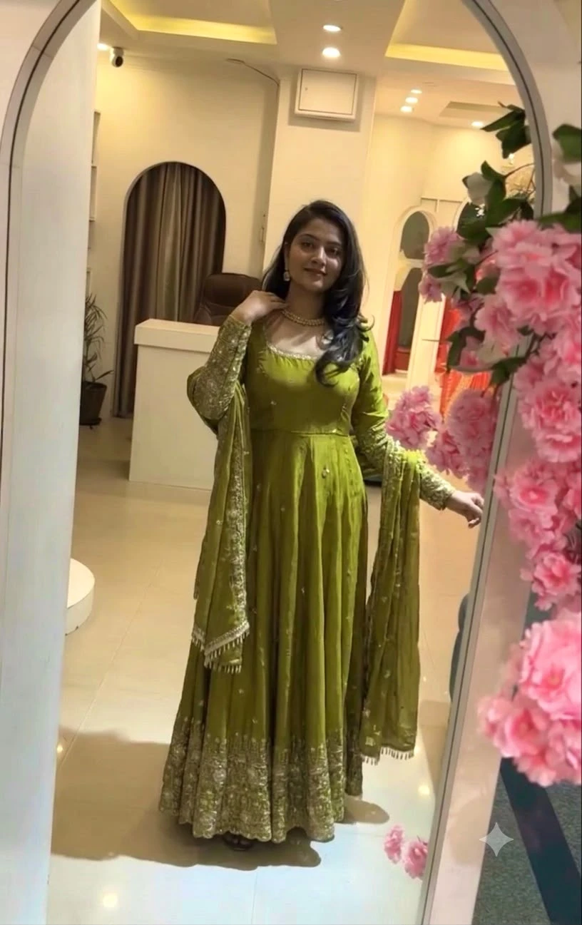 Designer Crunchy Silk Gown Pant & Dupatta Set