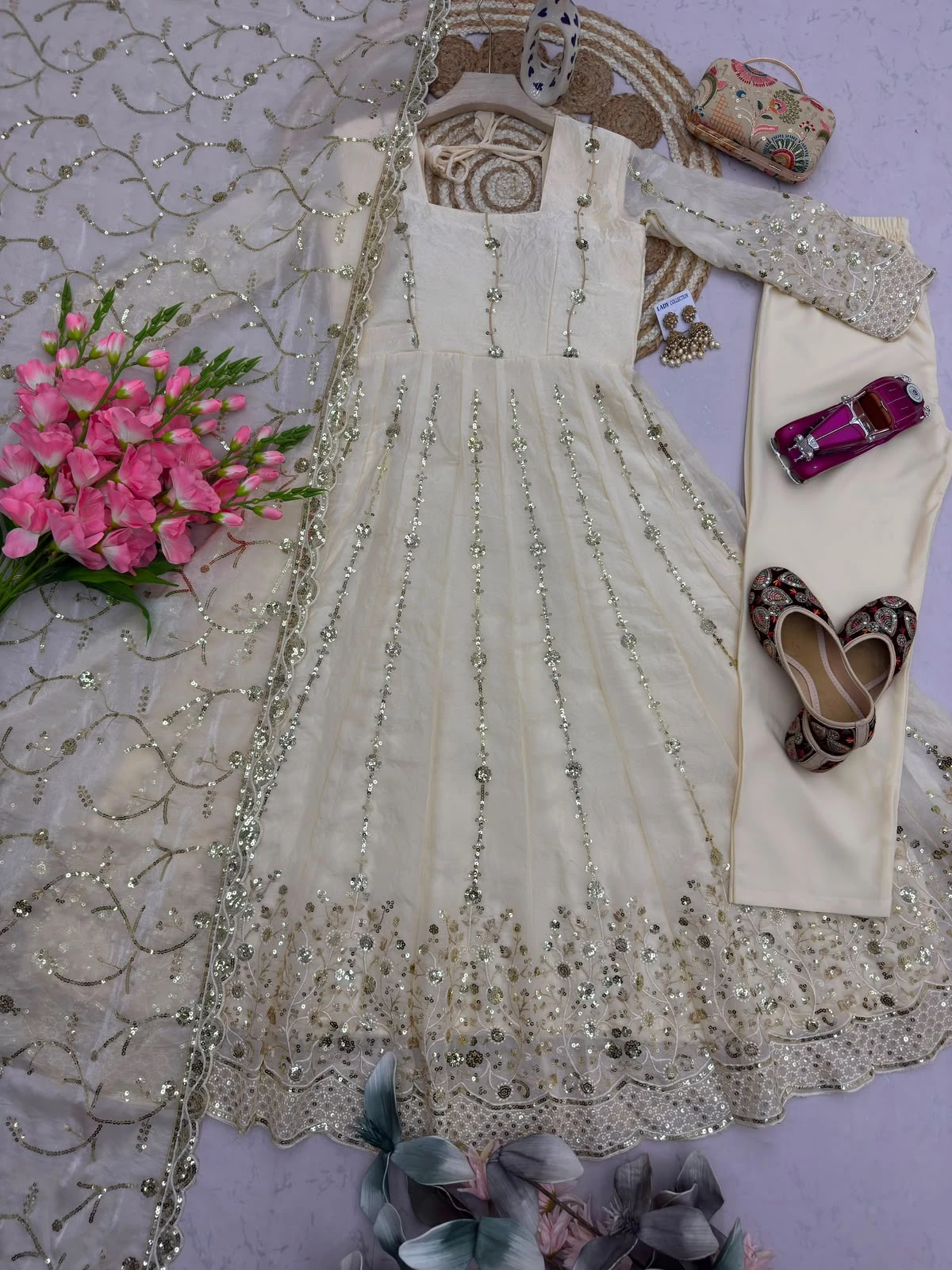 Designer Heavy Fandy Silk Gown with Pant & Dupatta Set