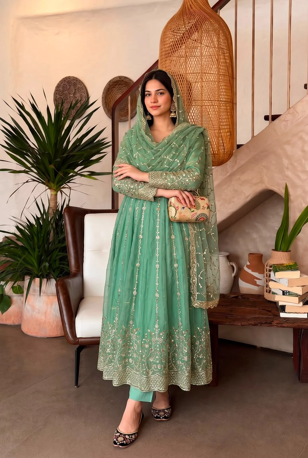 Designer Heavy Fandy Silk Gown with Pant & Dupatta Set