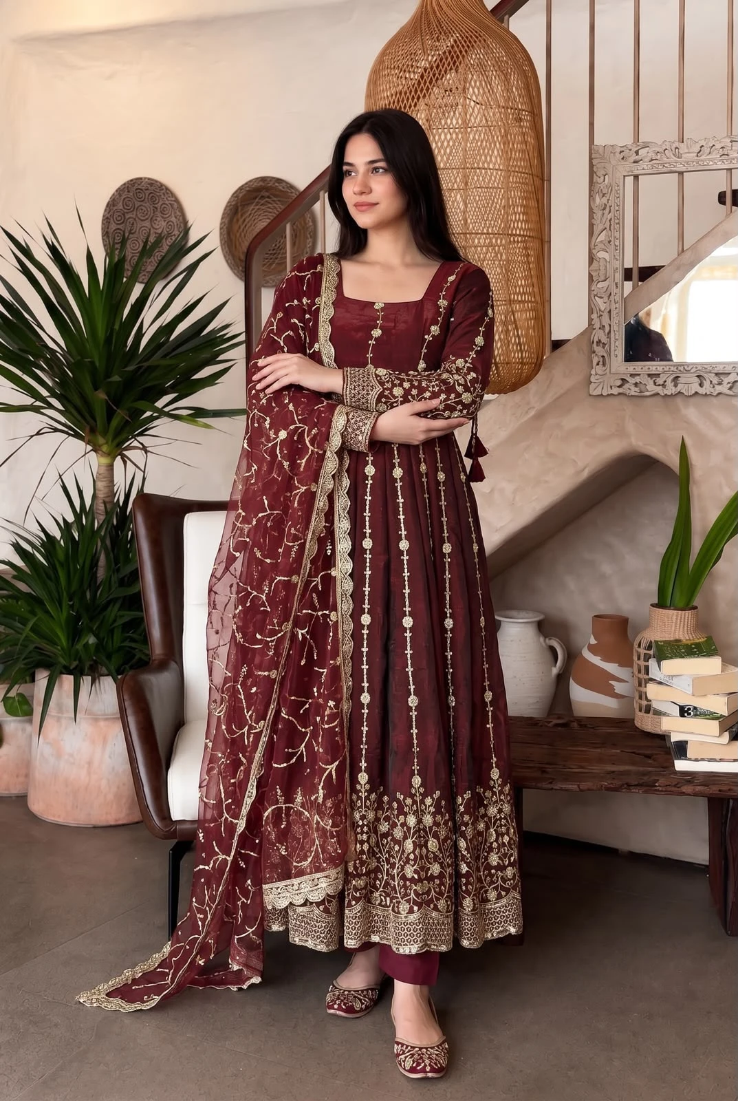 Designer Heavy Fandy Silk Gown with Pant & Dupatta Set
