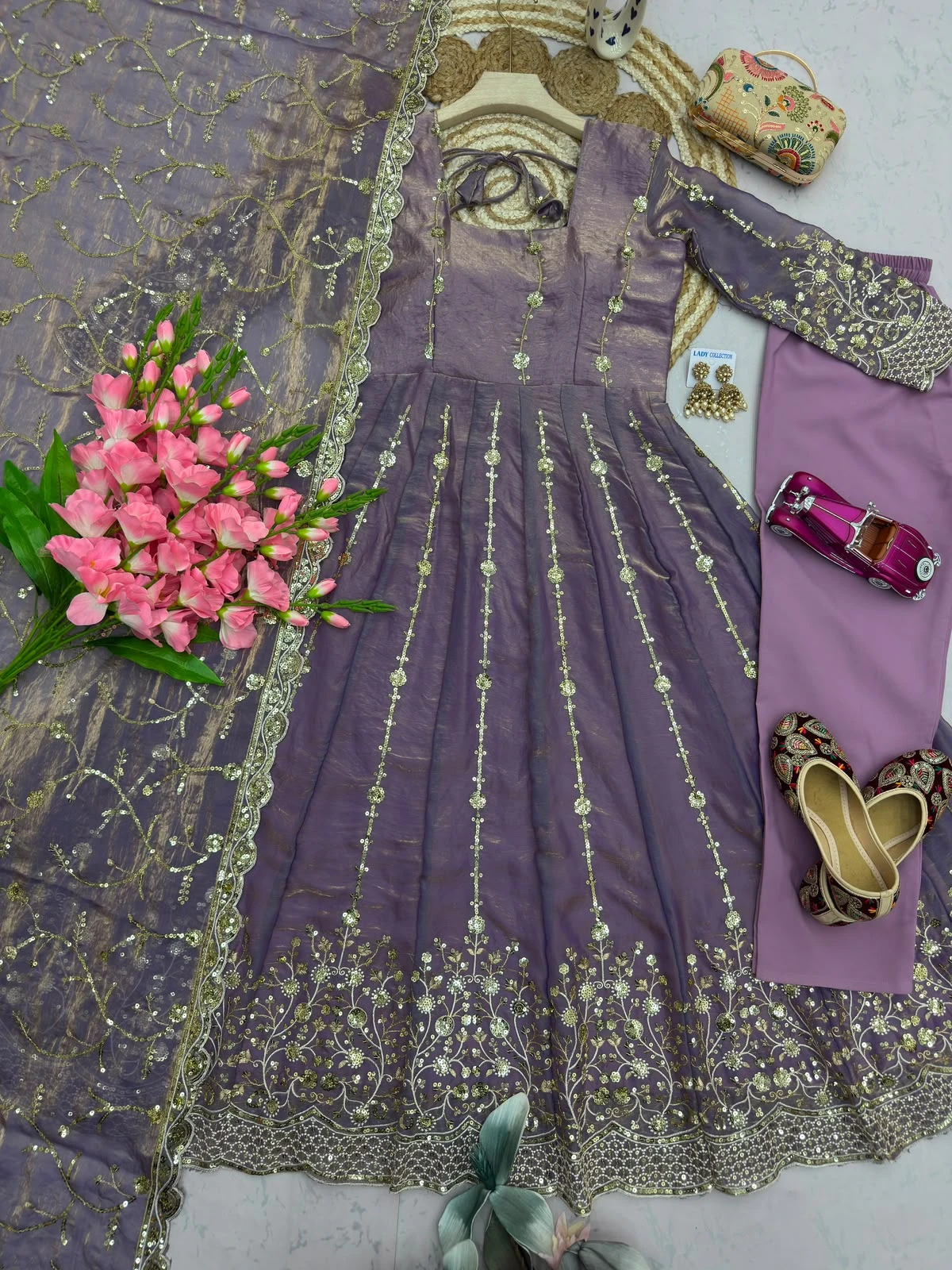 Designer Heavy Fandy Silk Gown with Pant & Dupatta Set