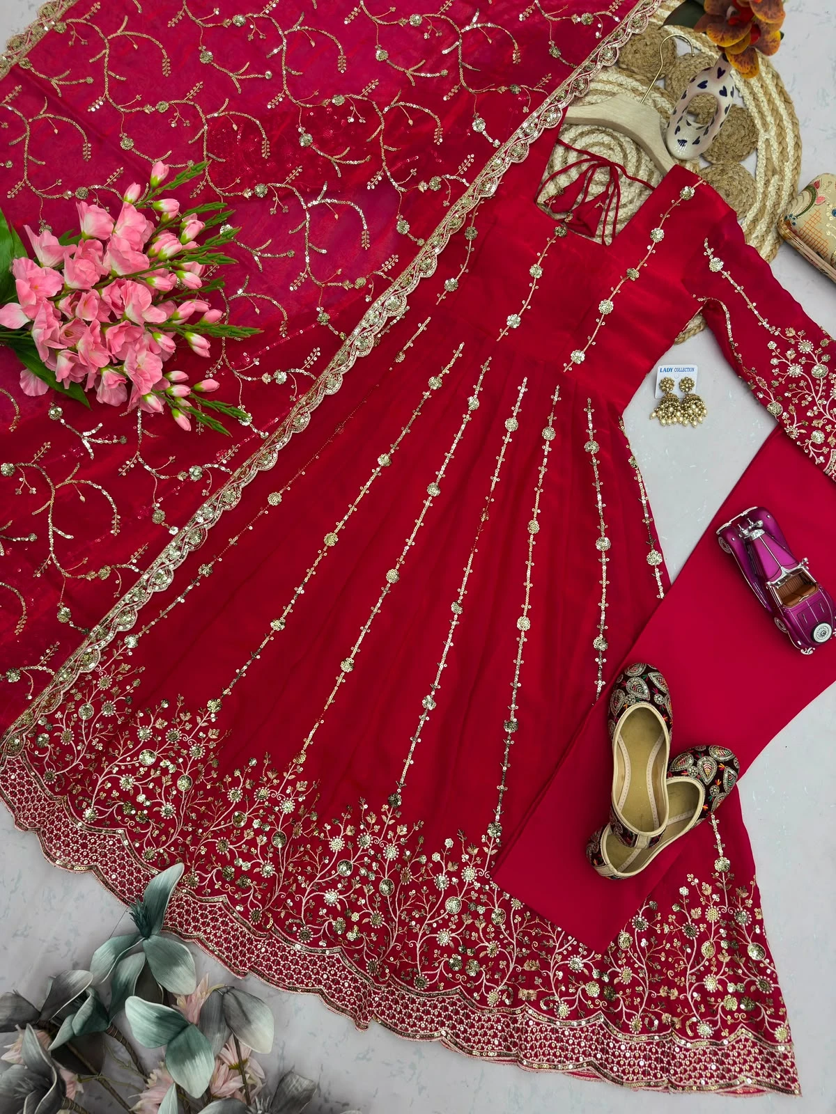 Designer Heavy Fandy Silk Gown with Pant & Dupatta Set