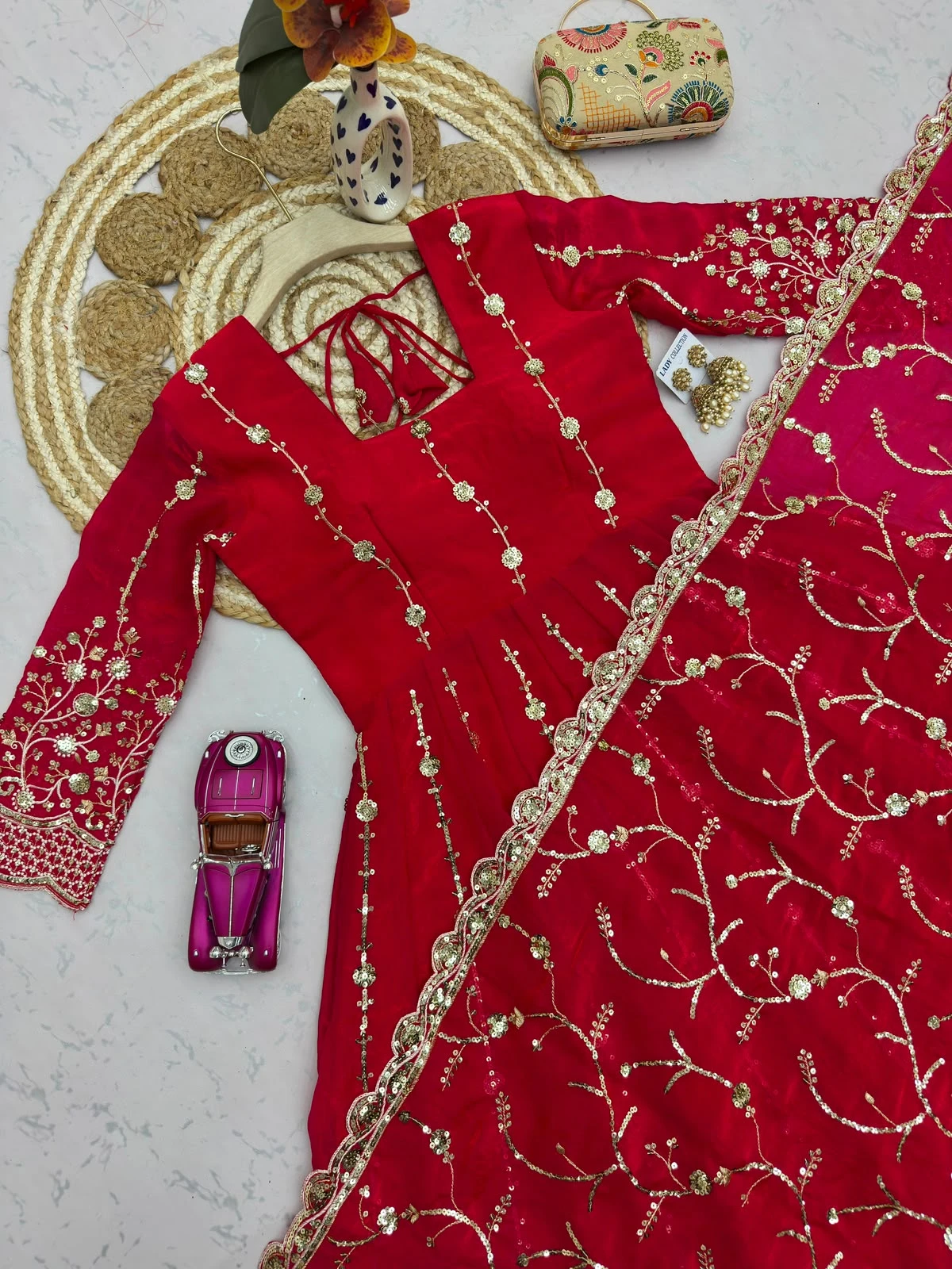 Designer Heavy Fandy Silk Gown with Pant & Dupatta Set