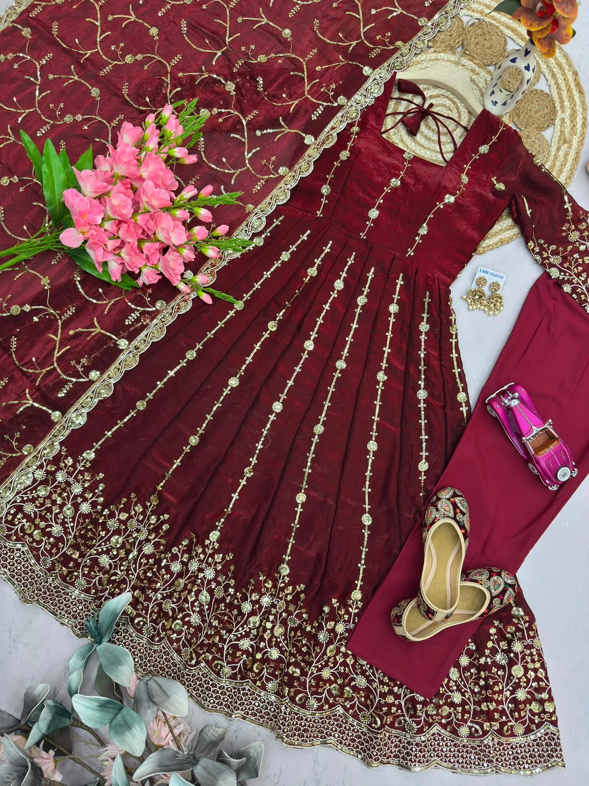 Designer Heavy Fandy Silk Gown with Pant & Dupatta Set