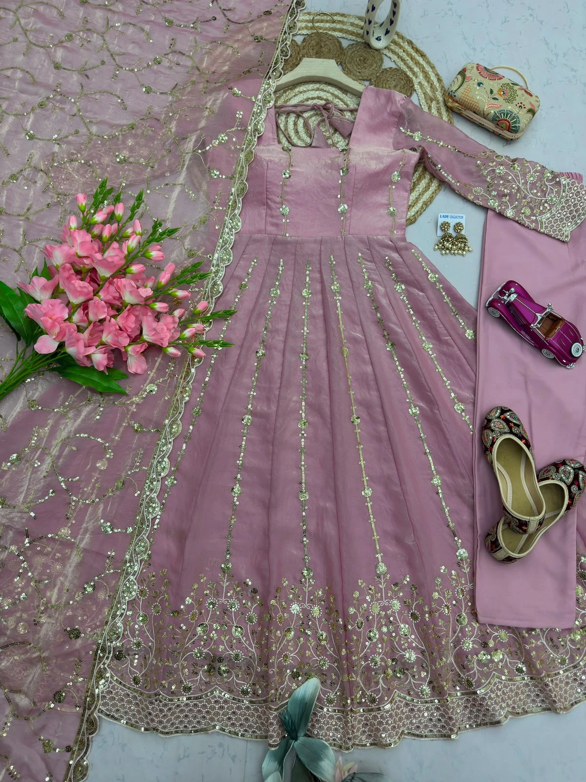 Designer Heavy Fandy Silk Gown with Pant & Dupatta Set