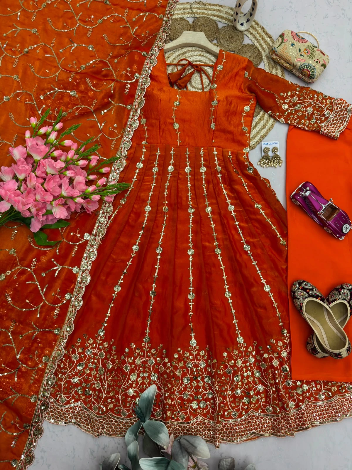 Designer Heavy Fandy Silk Gown with Pant & Dupatta Set
