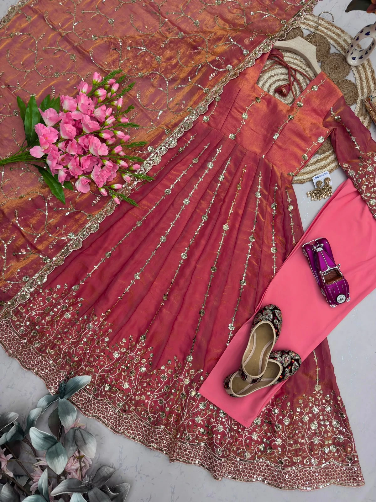 Designer Heavy Fandy Silk Gown with Pant & Dupatta Set