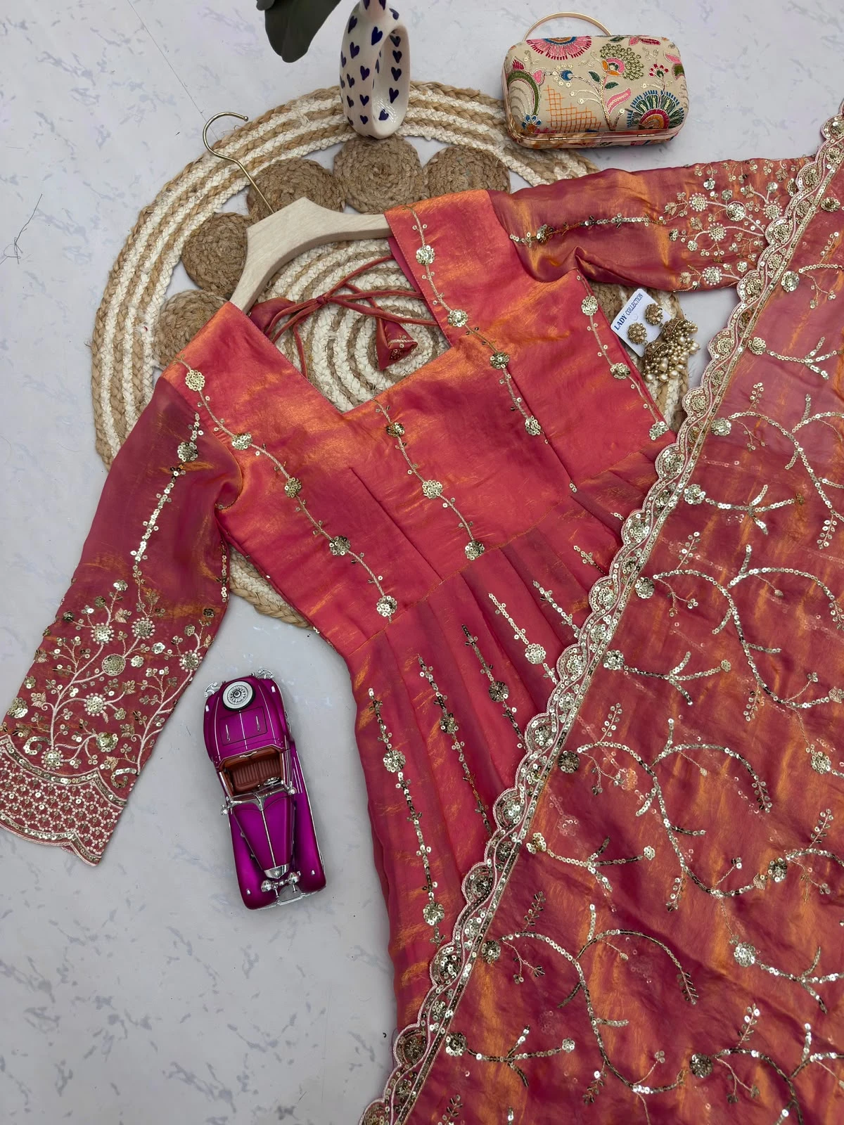 Designer Heavy Fandy Silk Gown with Pant & Dupatta Set