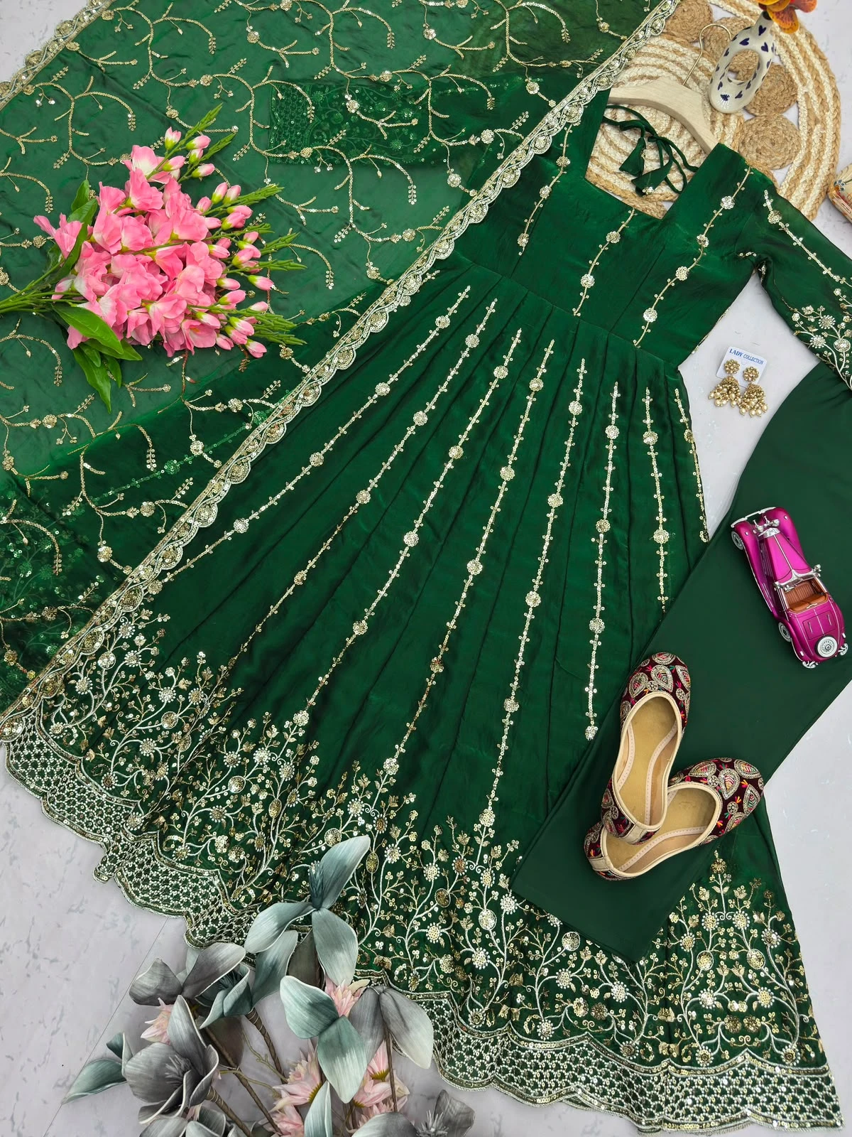 Designer Heavy Fandy Silk Gown with Pant & Dupatta Set