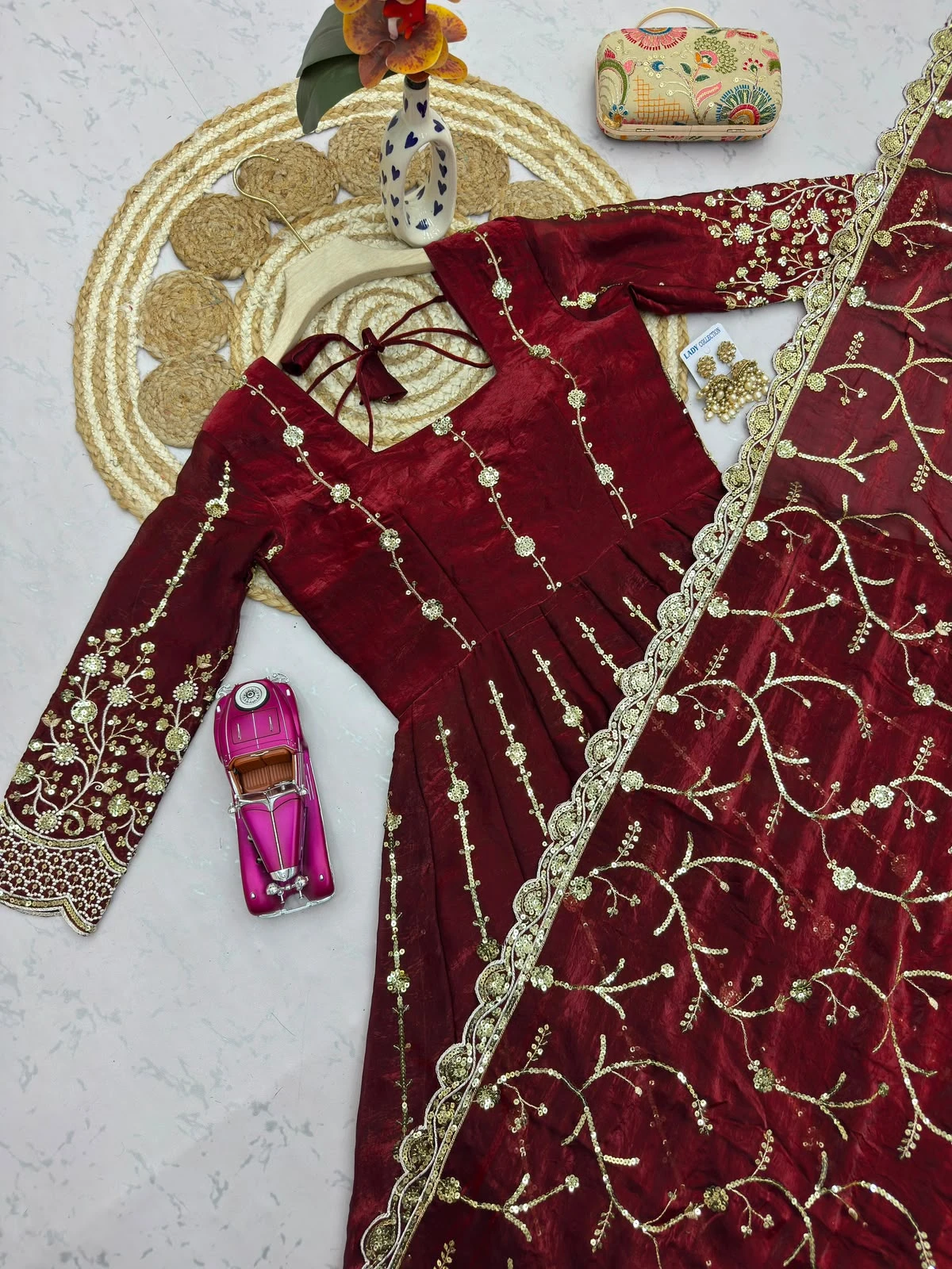 Designer Heavy Fandy Silk Gown with Pant & Dupatta Set