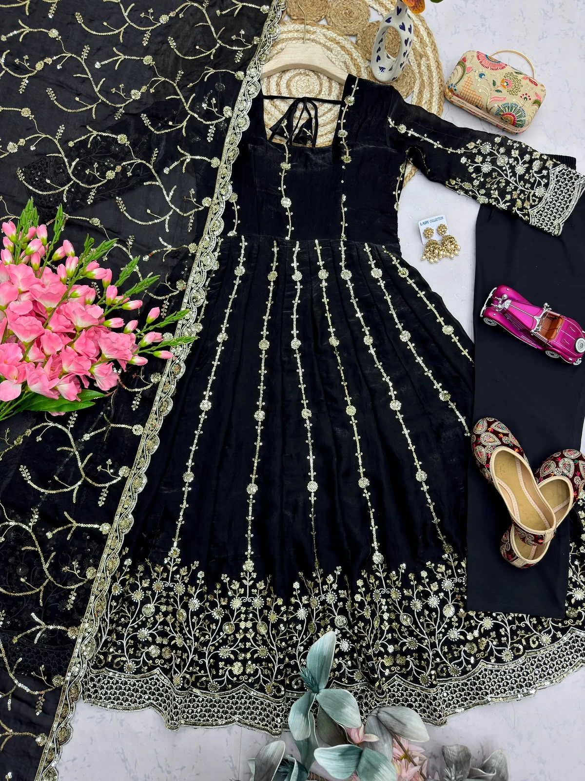 Designer Heavy Fandy Silk Gown with Pant & Dupatta Set