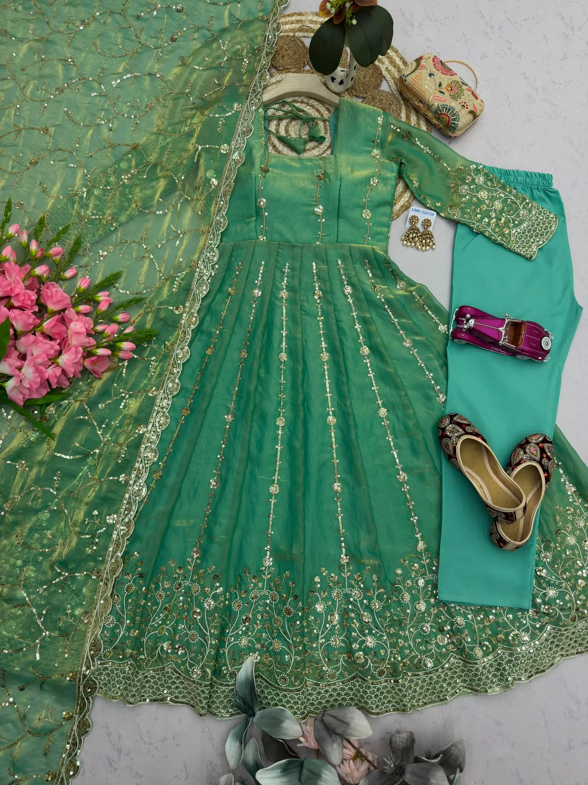 Designer Heavy Fandy Silk Gown with Pant & Dupatta Set