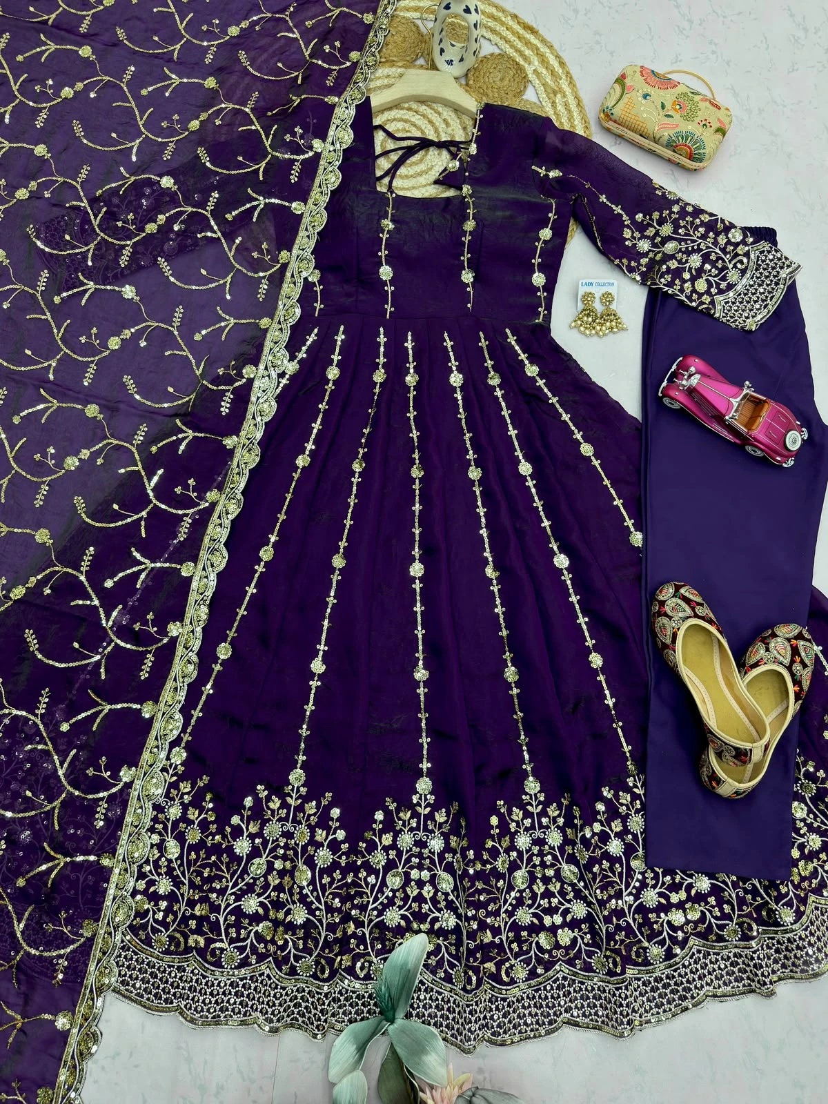 Designer Heavy Fandy Silk Gown with Pant & Dupatta Set