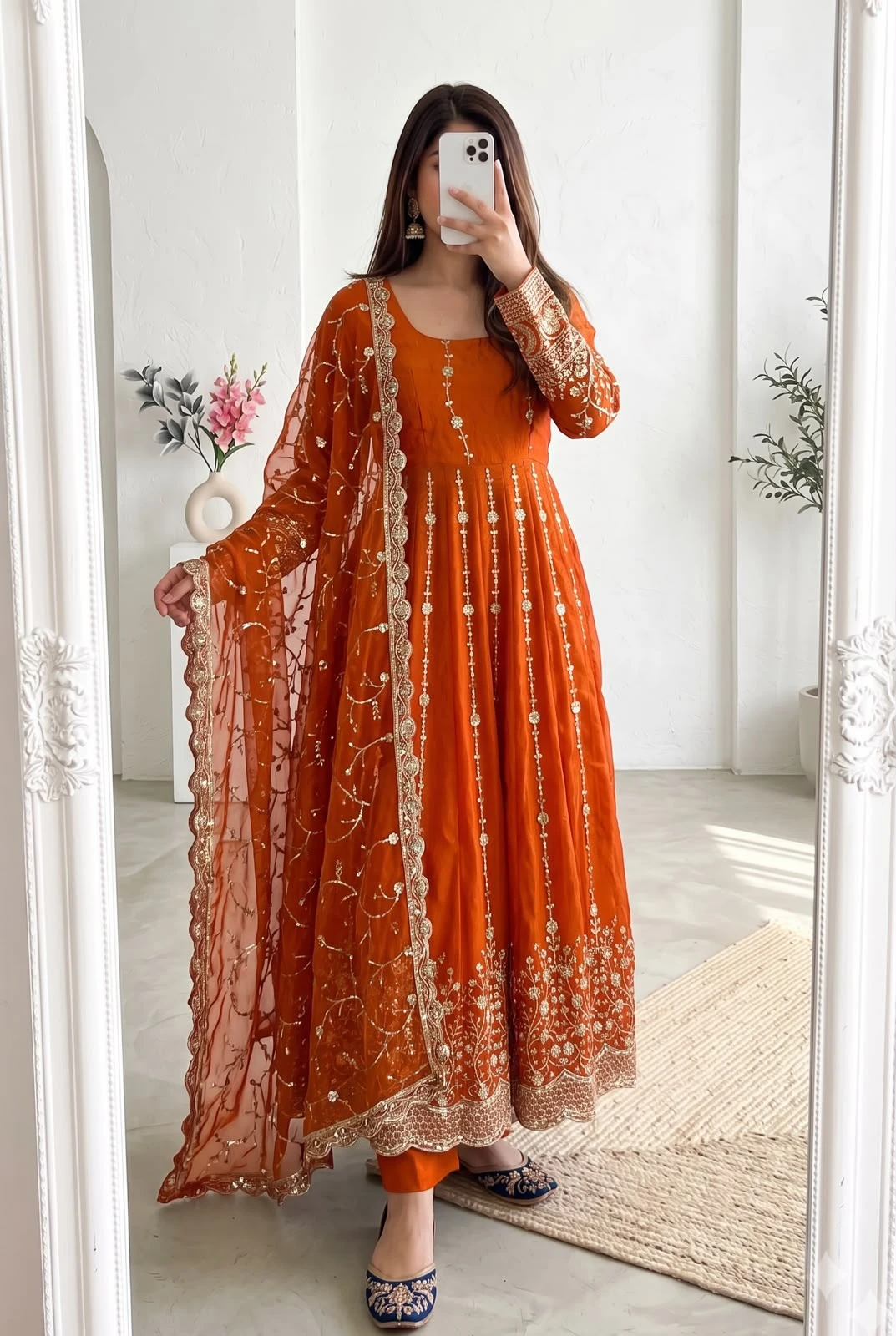 Designer Heavy Fandy Silk Gown with Pant & Dupatta Set