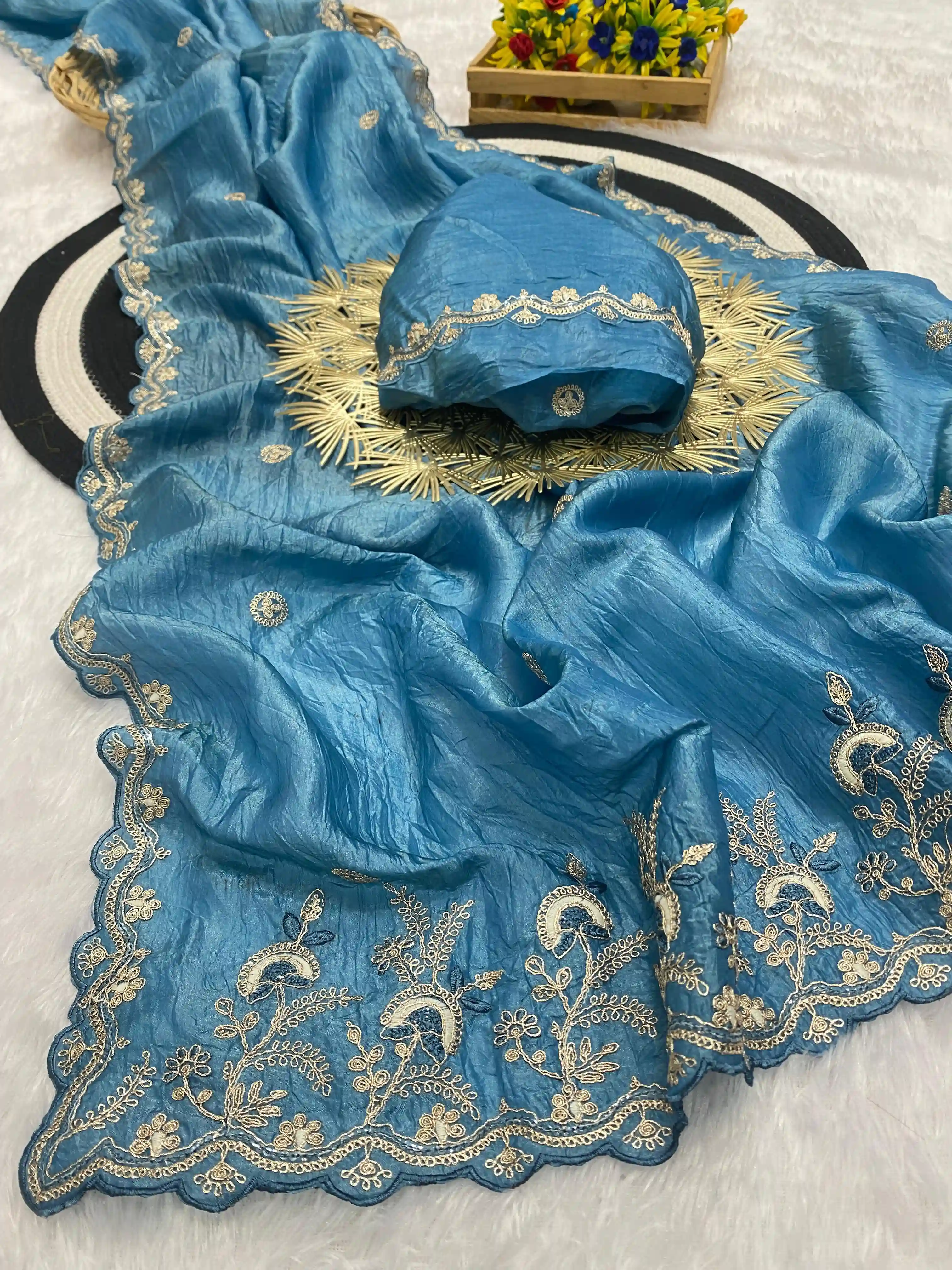 Gold Crush Silver Embroidery & Sequence Work Saree with Blouse