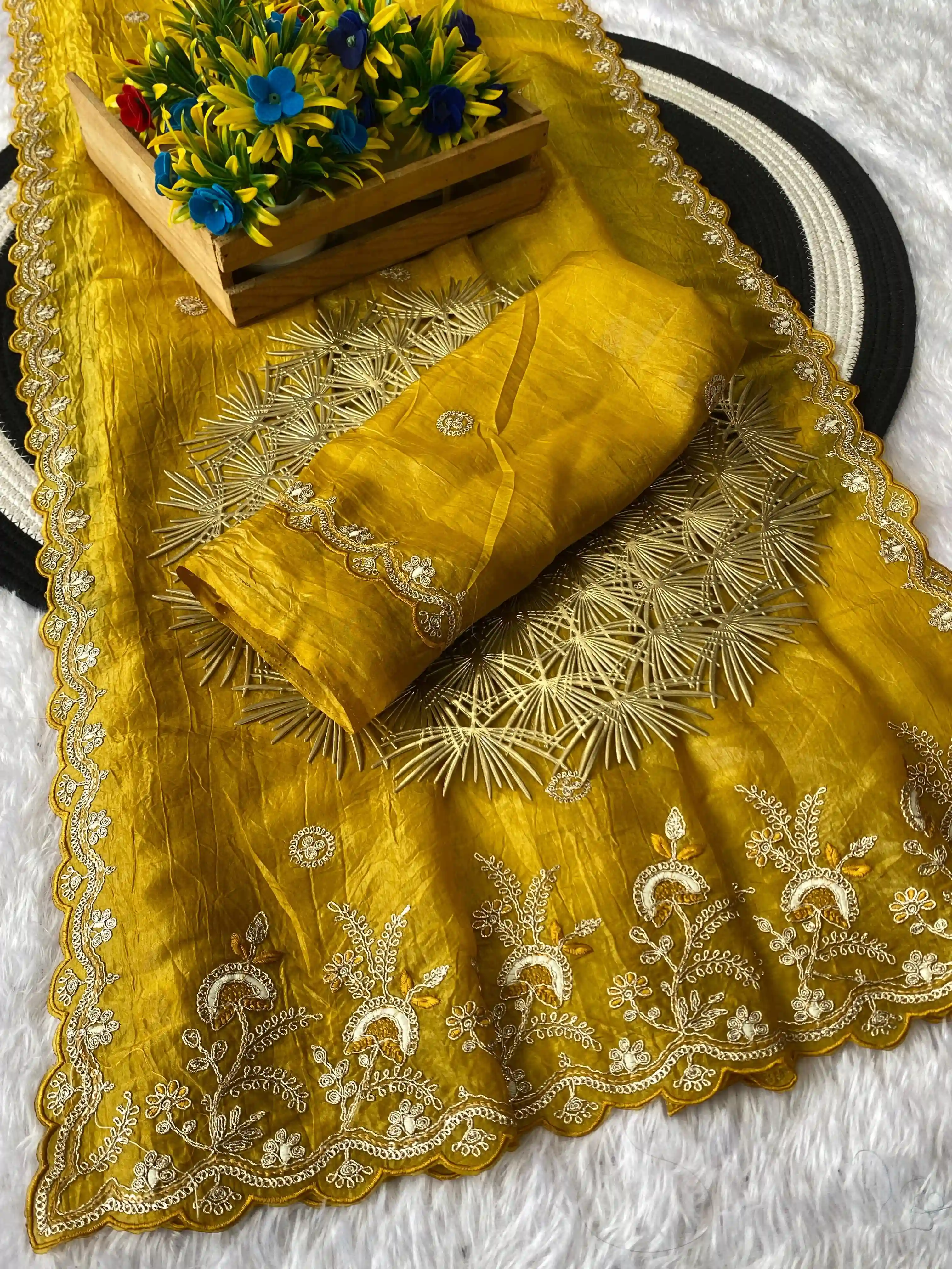 Gold Crush Silver Embroidery & Sequence Work Saree with Blouse