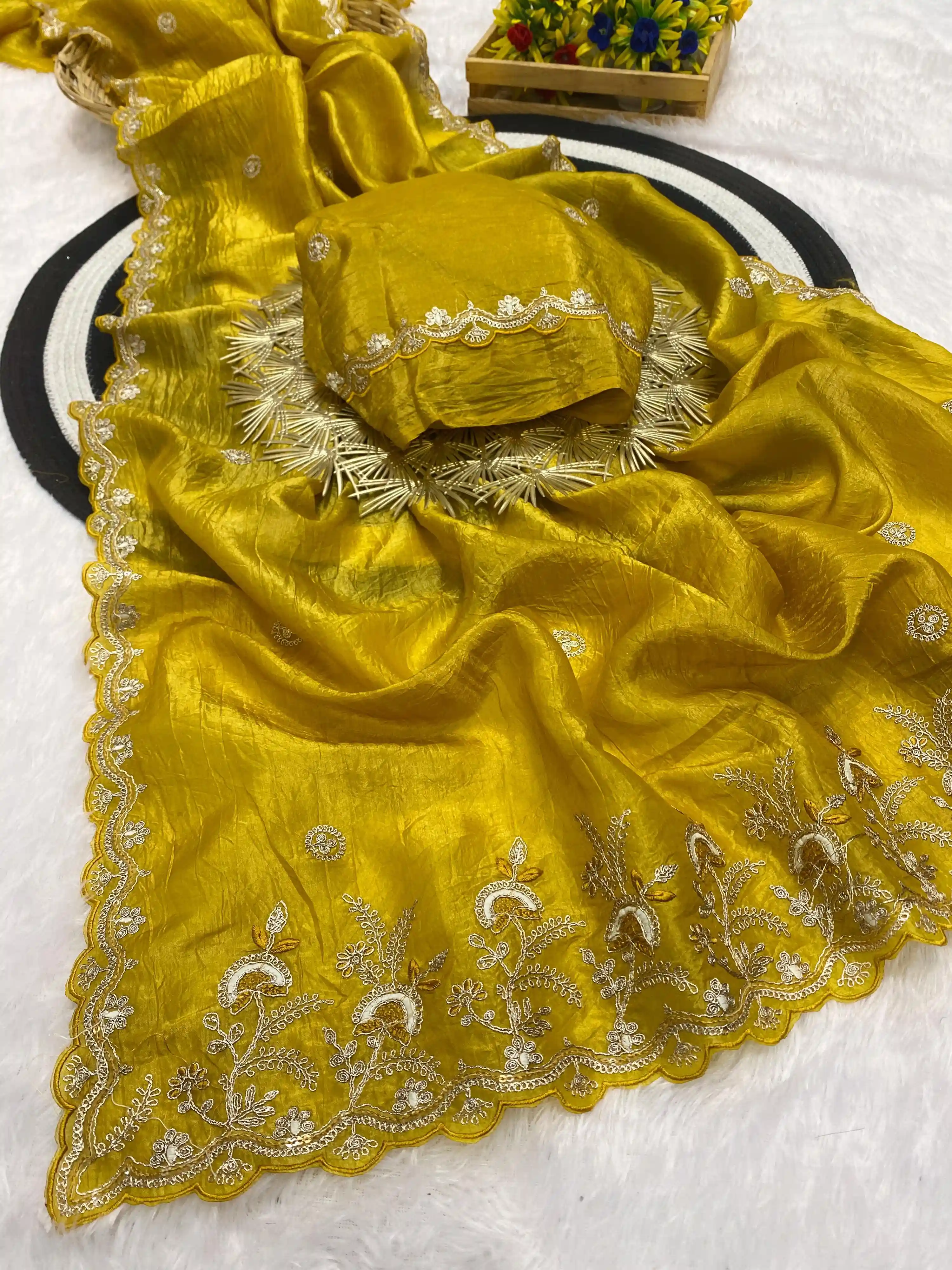 Gold Crush Silver Embroidery & Sequence Work Saree with Blouse