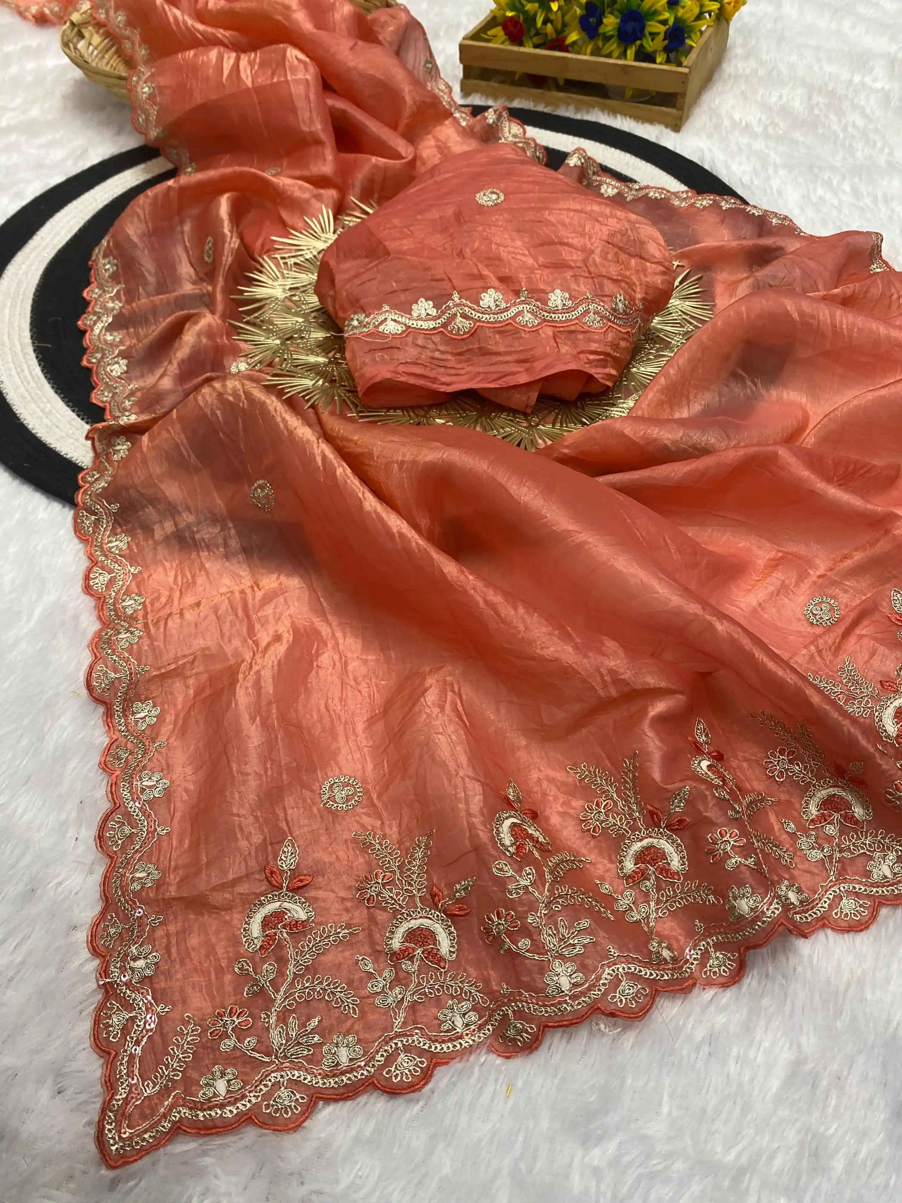 Gold Crush Silver Embroidery & Sequence Work Saree with Blouse
