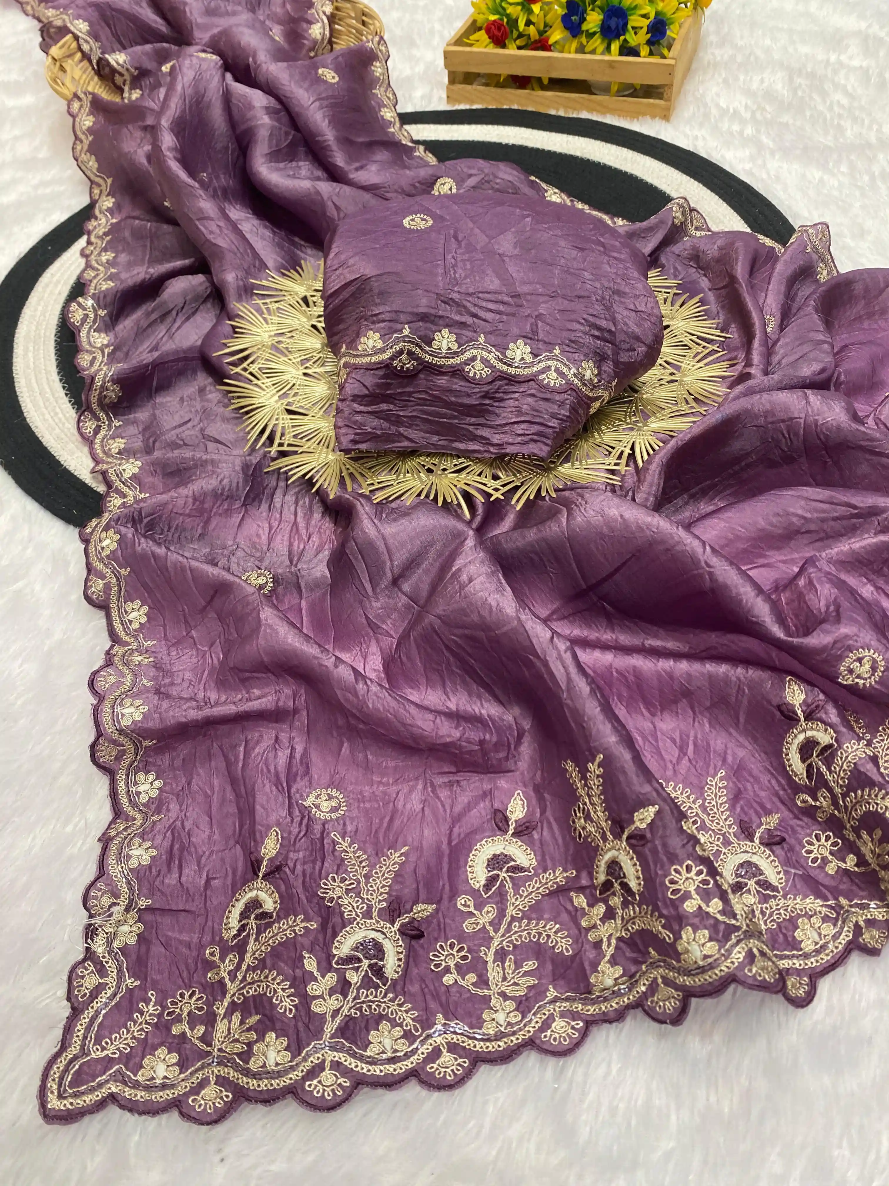 Gold Crush Silver Embroidery & Sequence Work Saree with Blouse