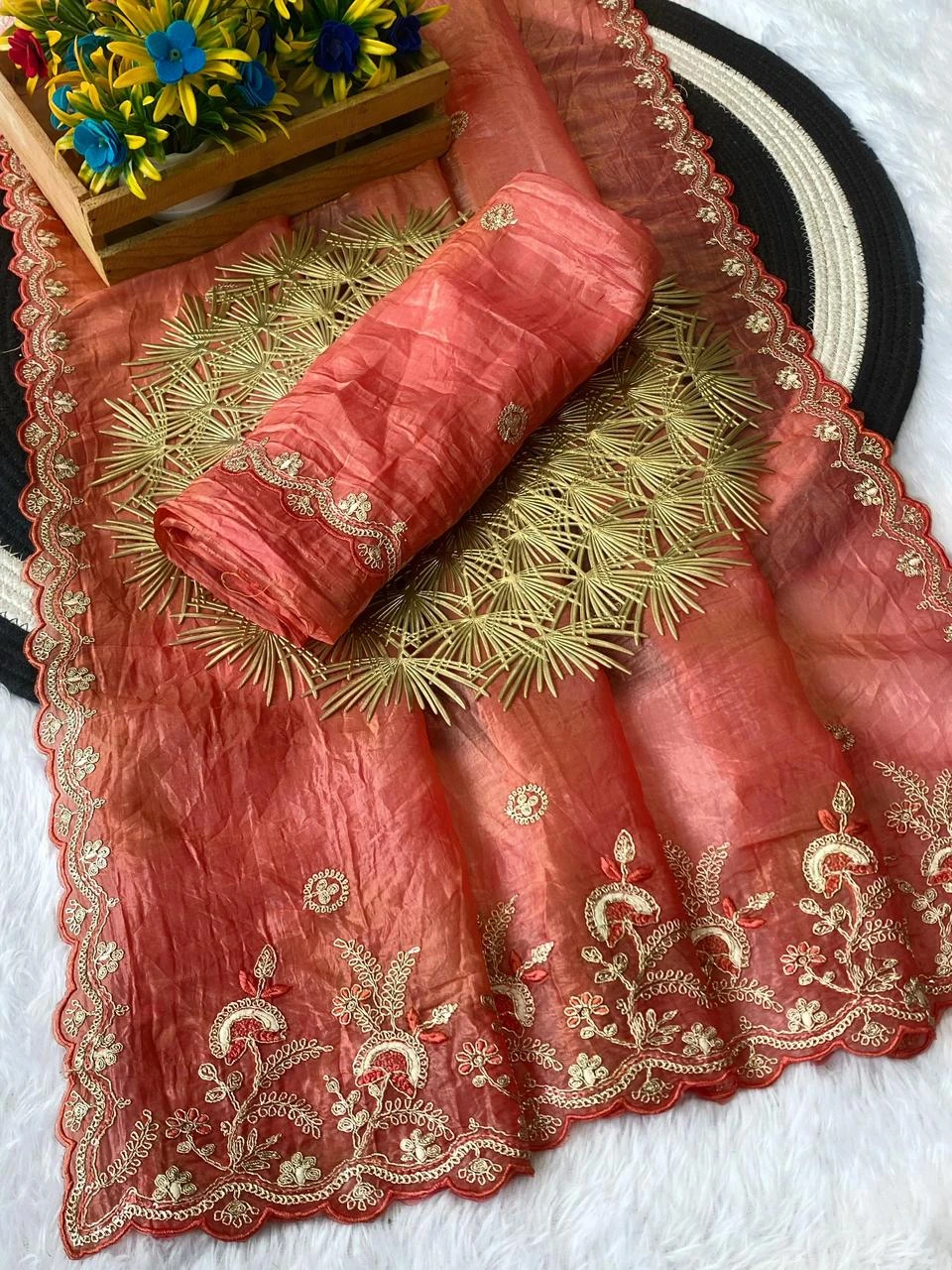 Gold Crush Silver Embroidery & Sequence Work Saree with Blouse