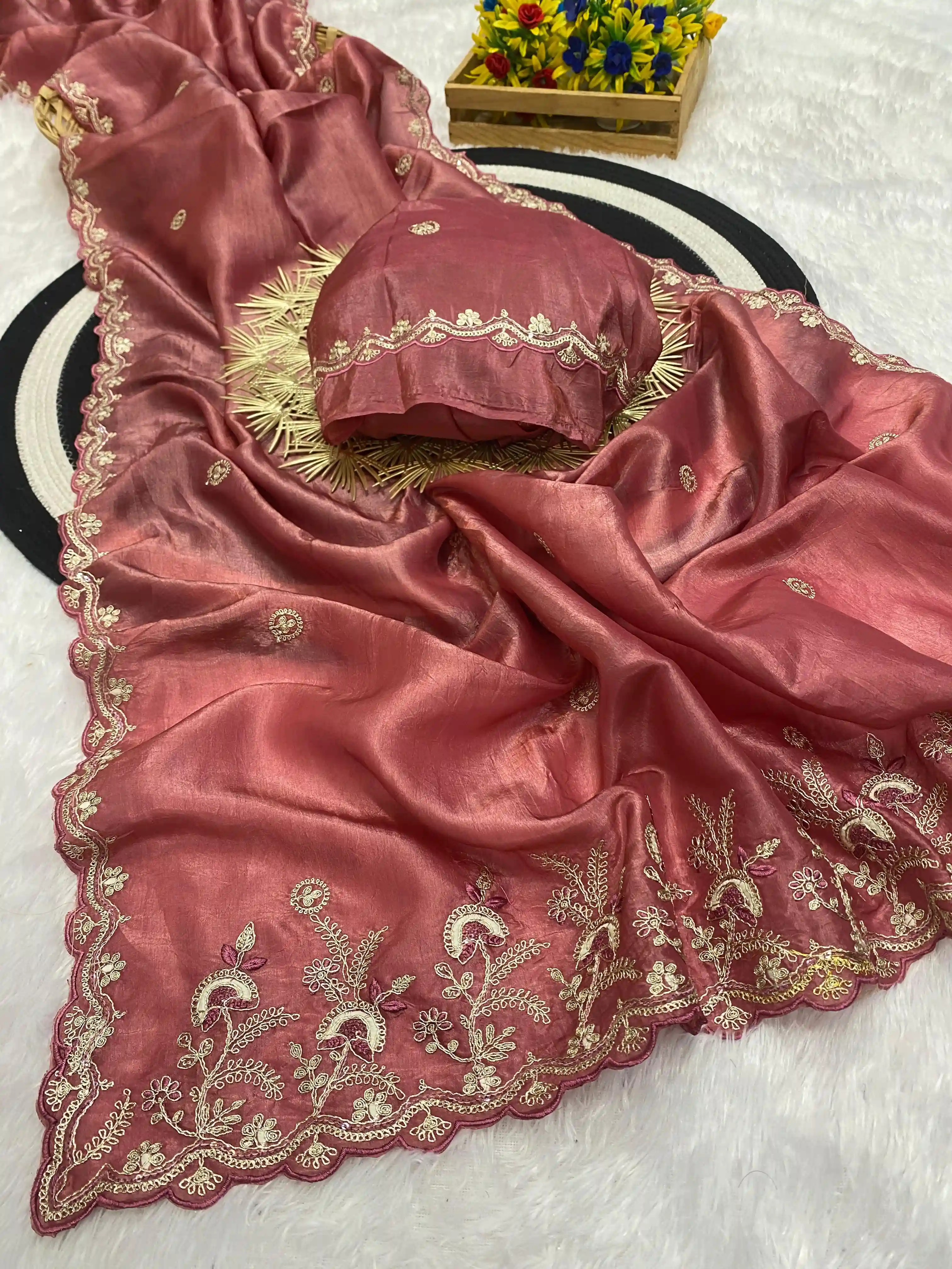 Gold Crush Silver Embroidery & Sequence Work Saree with Blouse