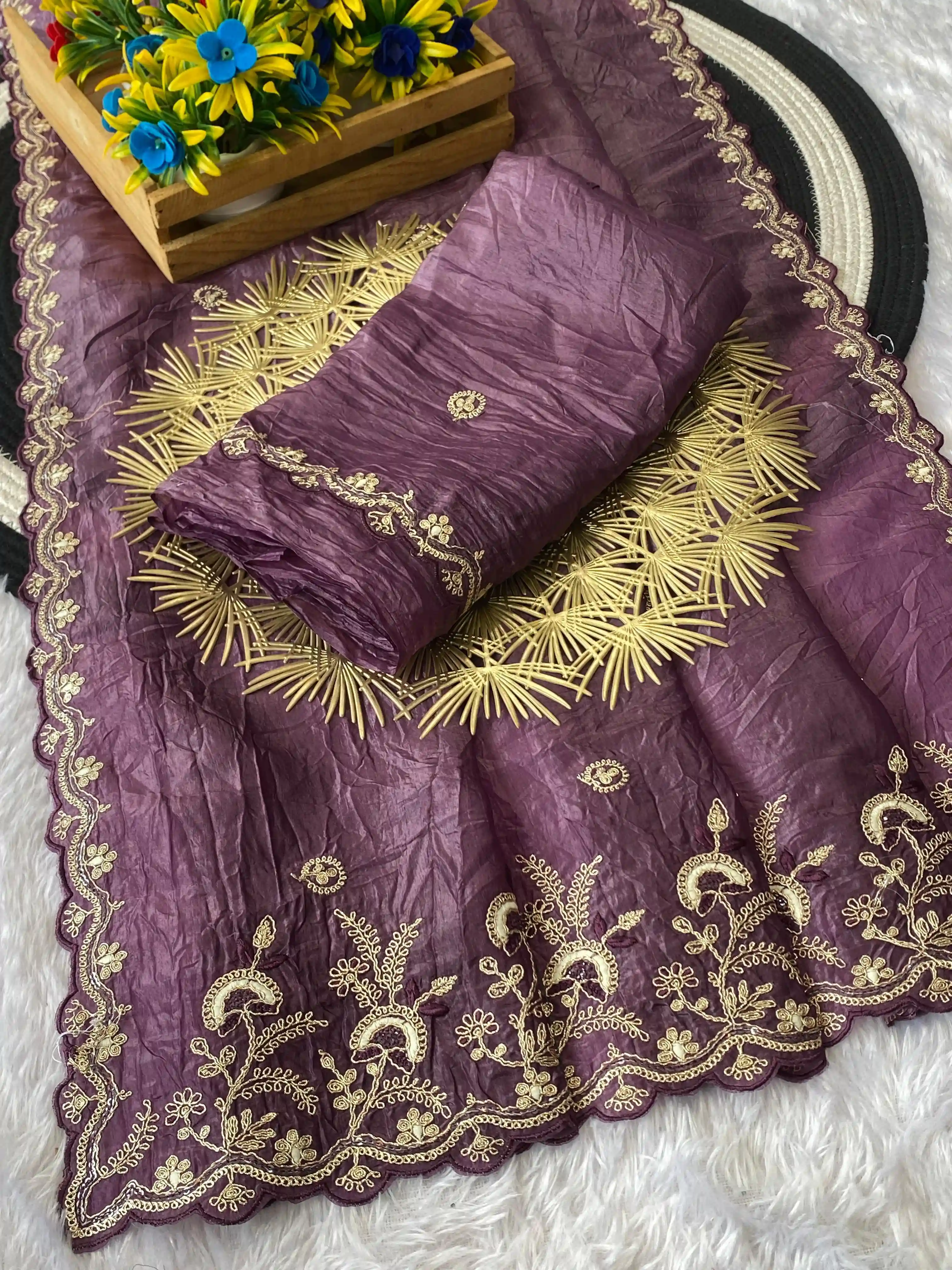 Gold Crush Silver Embroidery & Sequence Work Saree with Blouse