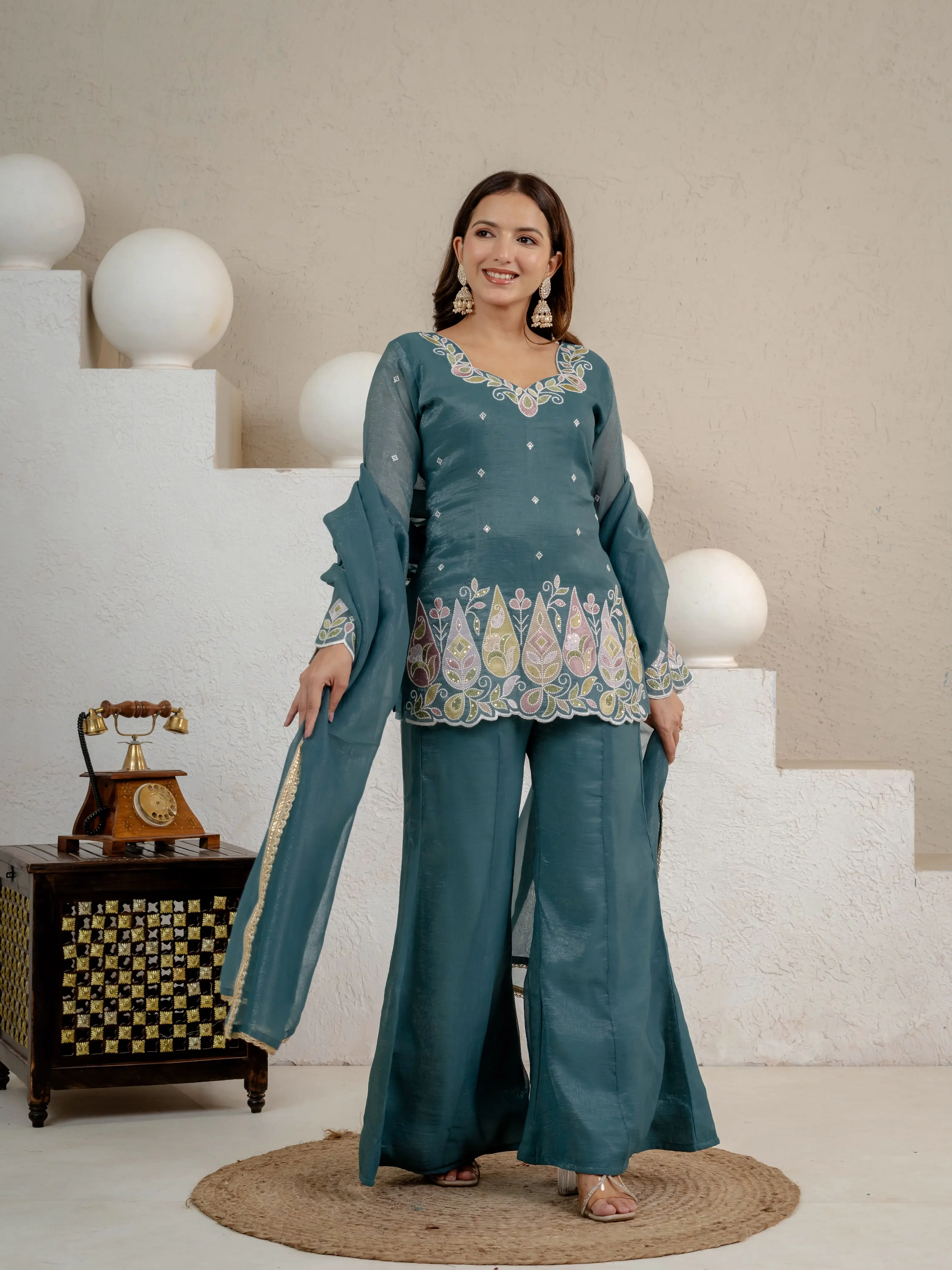 Heavy Crunchy Silk 3mm Sequence Embroidered Top Palazzo Dupatta Set