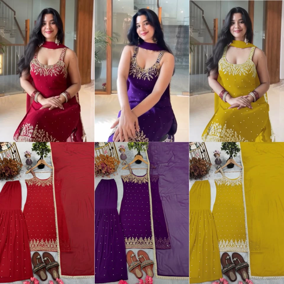 Heavy Faux Georgette Beads Mirror & Sequence Work Top Palazzo Dupatta Set