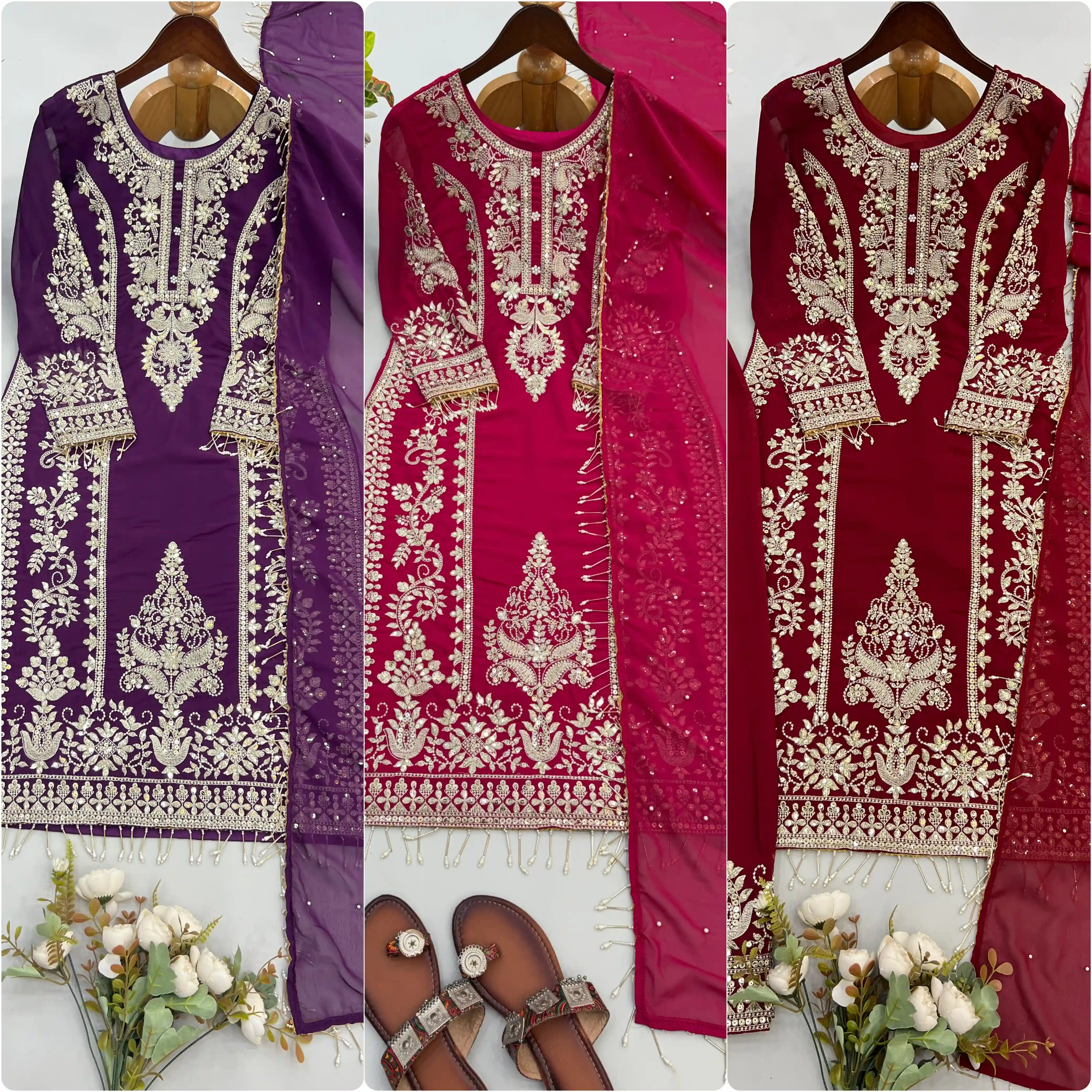 Heavy Faux Georgette Embroidery Sequence Top Palazzo Pant Dupatta Set