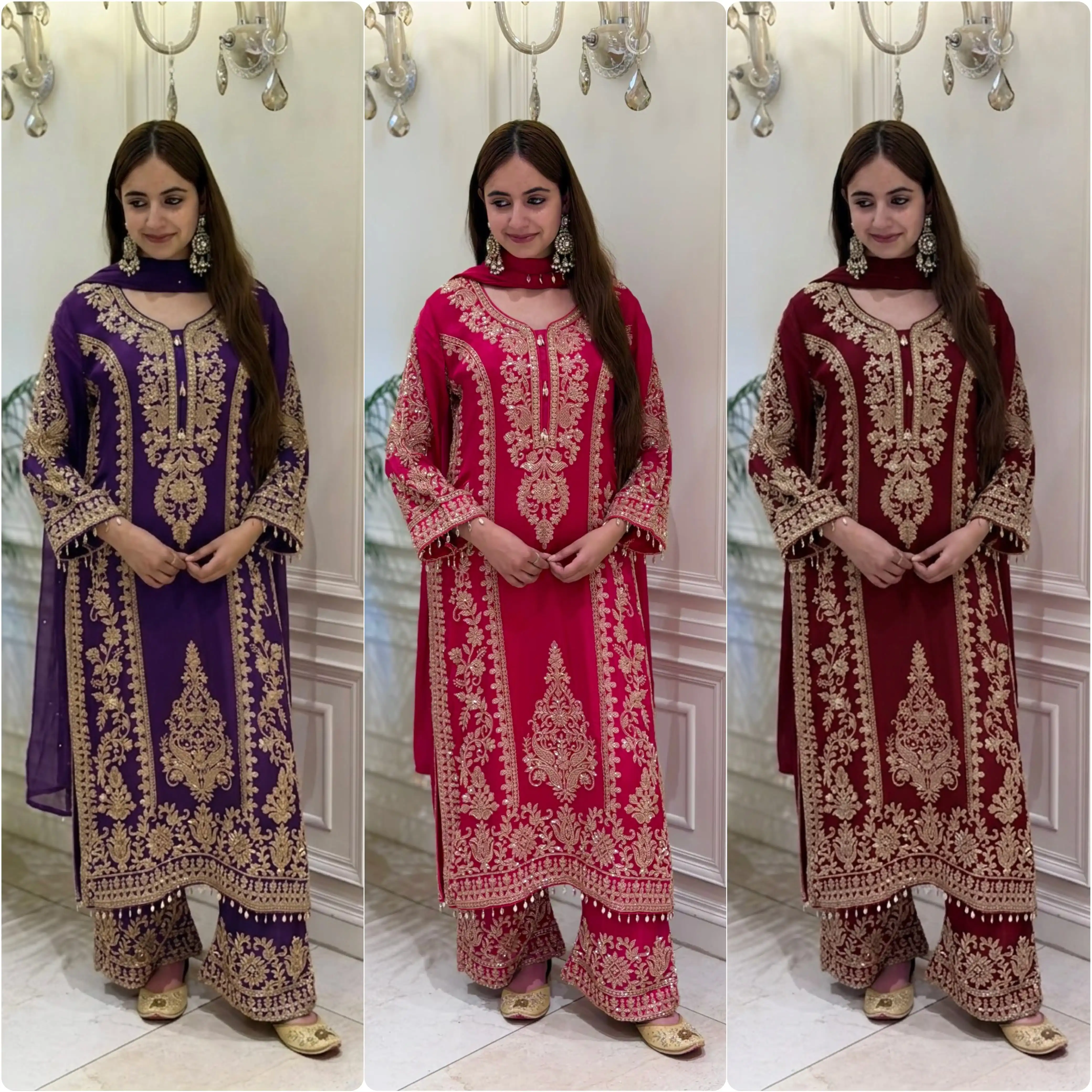 Heavy Faux Georgette Embroidery Sequence Top Palazzo Pant Dupatta Set