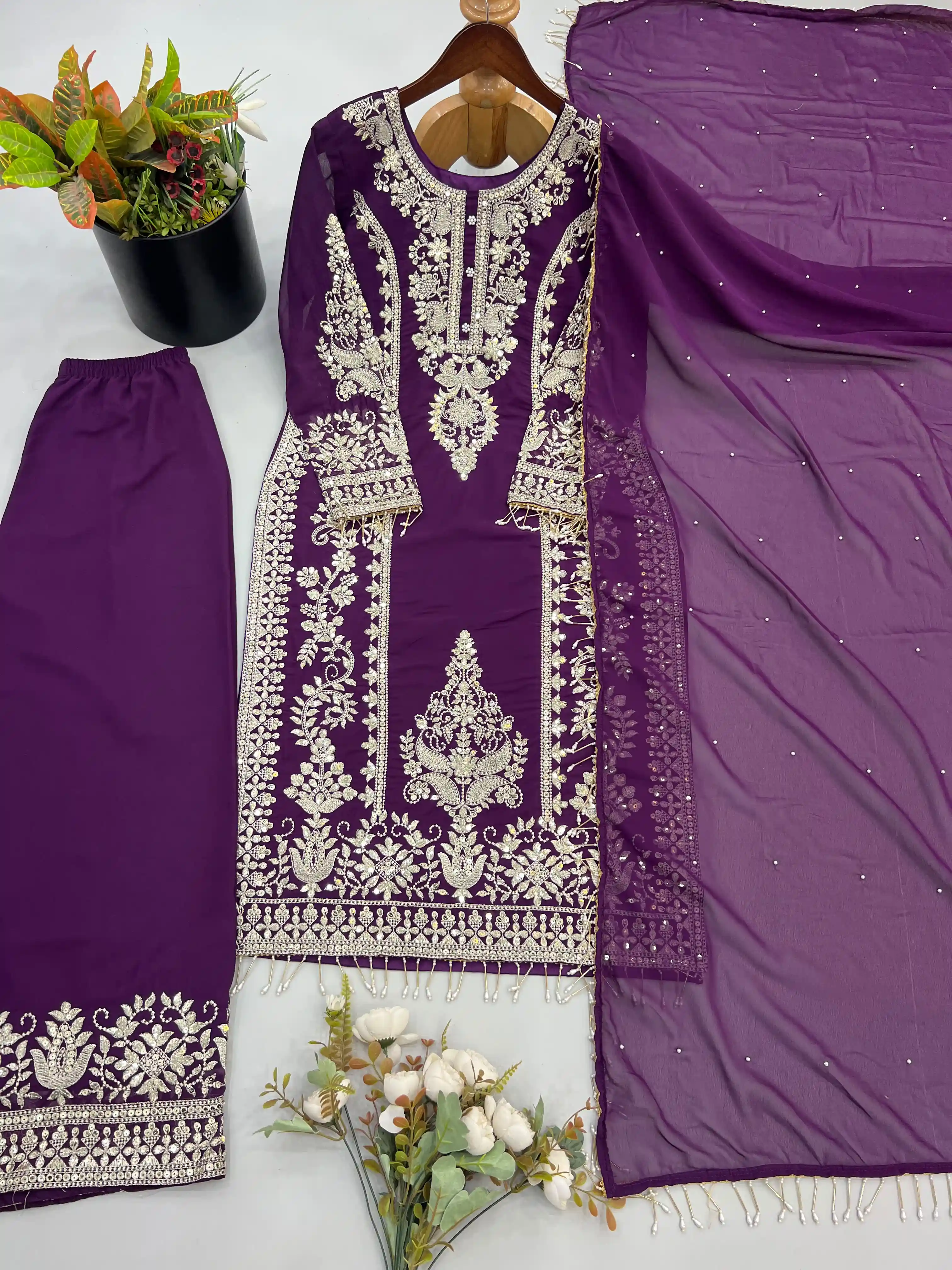 Heavy Faux Georgette Embroidery Sequence Top Palazzo Pant Dupatta Set