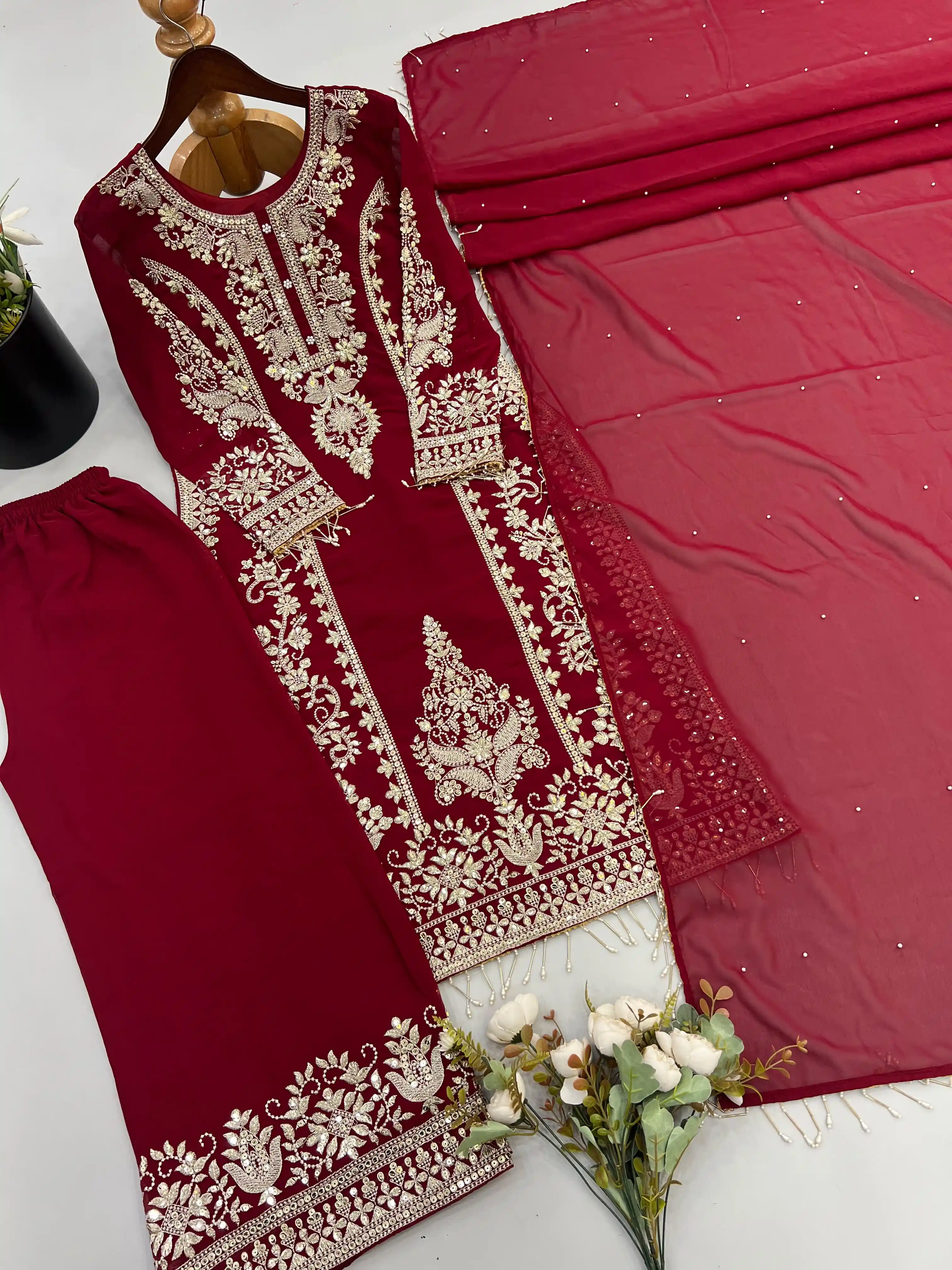 Heavy Faux Georgette Embroidery Sequence Top Palazzo Pant Dupatta Set