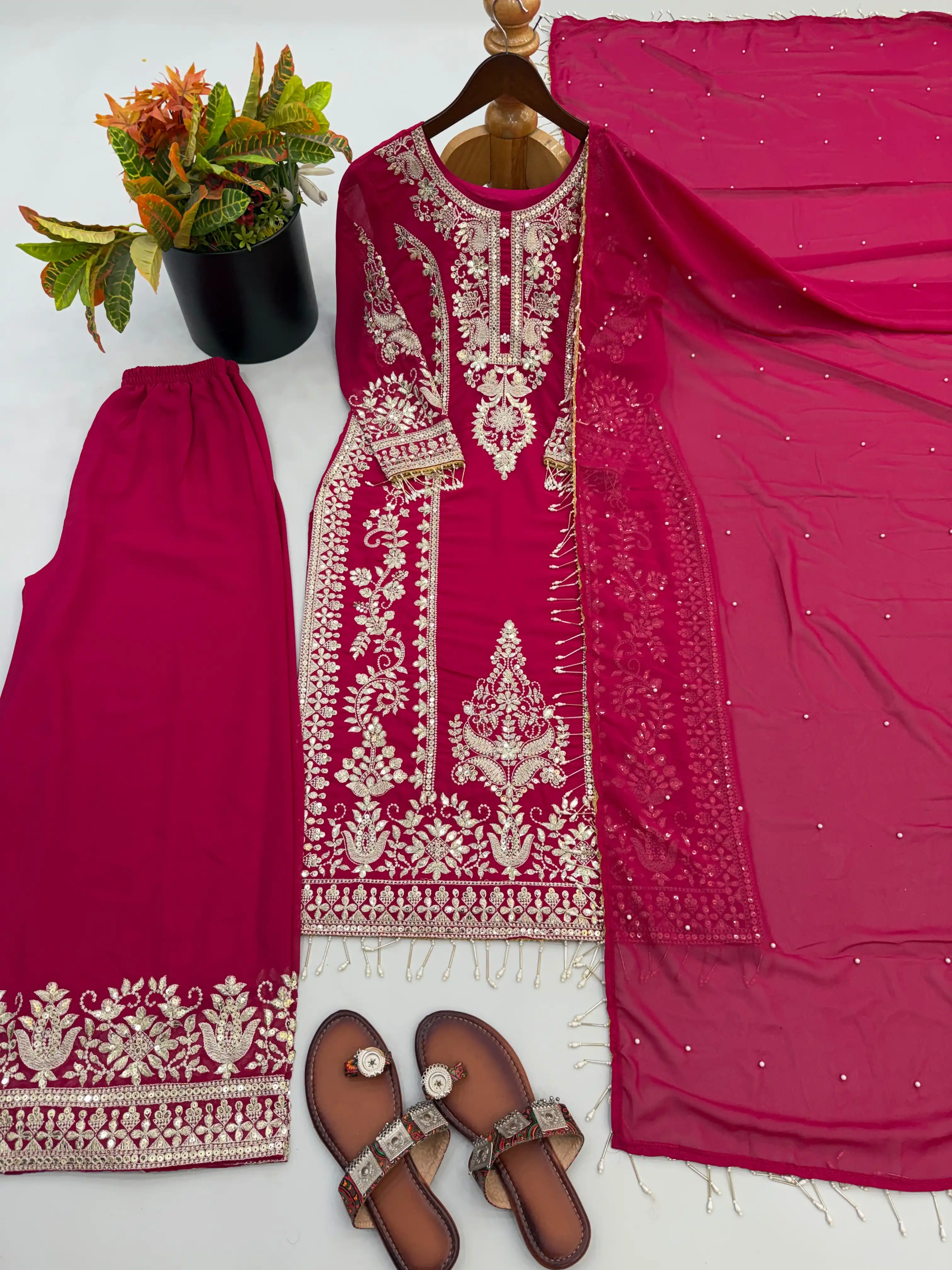 Heavy Faux Georgette Embroidery Sequence Top Palazzo Pant Dupatta Set