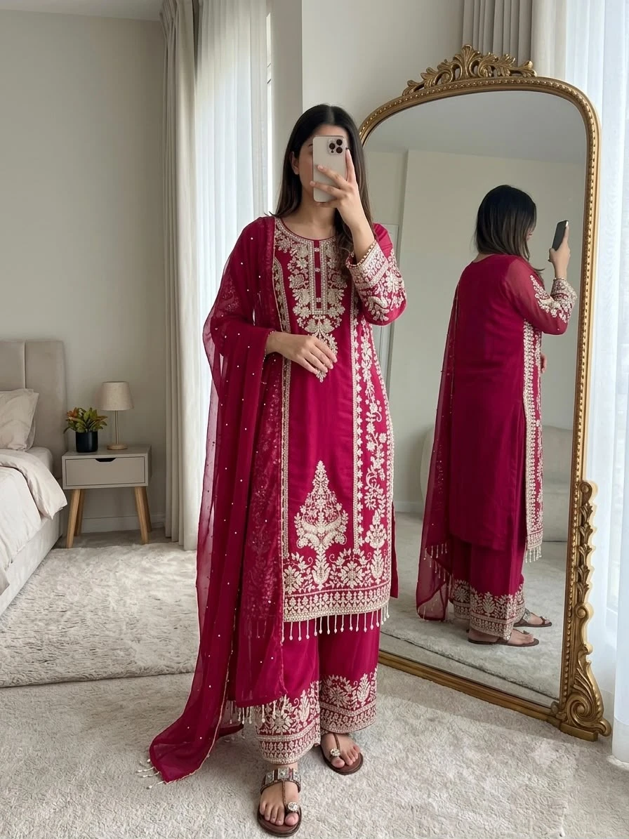 Heavy Faux Georgette Embroidery Sequence Top Palazzo Pant Dupatta Set