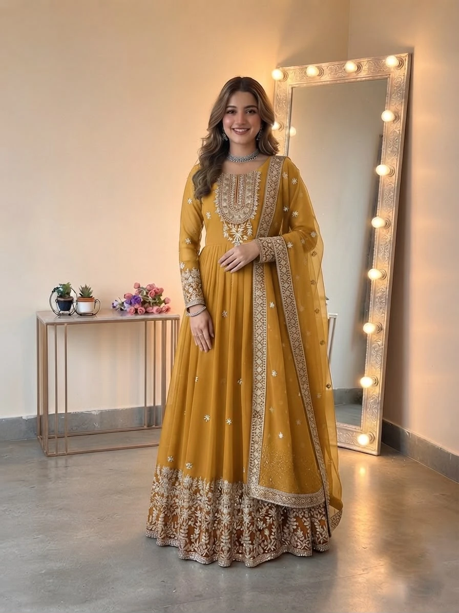 Heavy Georgette Embroidered Sequence Gown with Pant & Dupatta Set