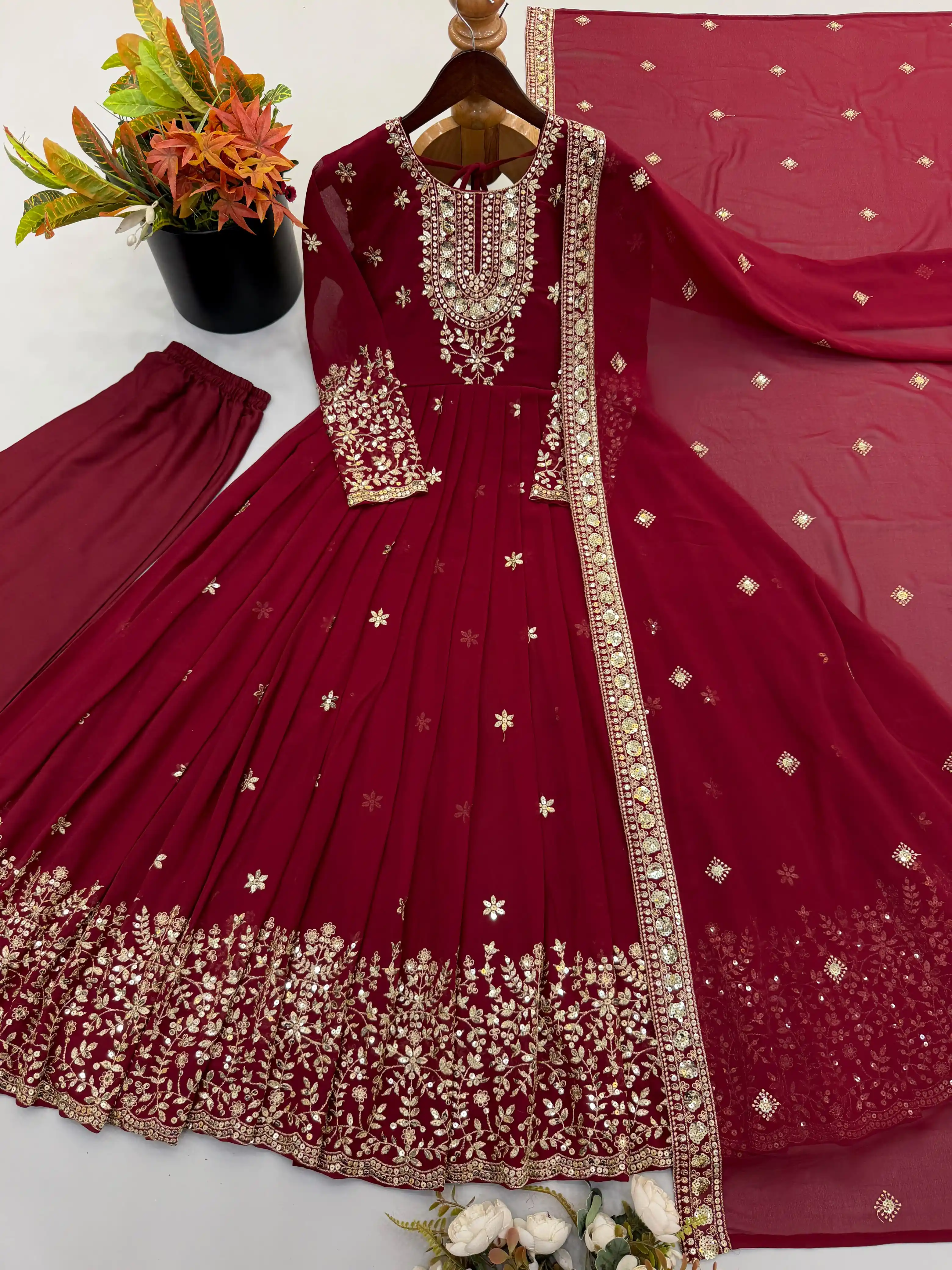 Heavy Georgette Embroidered Sequence Gown with Pant & Dupatta Set